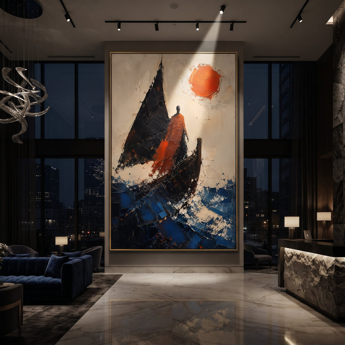 The red figure stands beside the black sail as if deciding whether the voyage is return or exile. The red sun fixes the moment in heat while the broken blue water keeps moving.