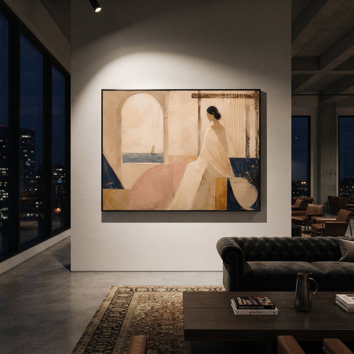 She sits beside the loom while a small sail crosses the window beyond her room. The quiet interior holds the sea at a distance, turning waiting into a private architecture of light and thread.