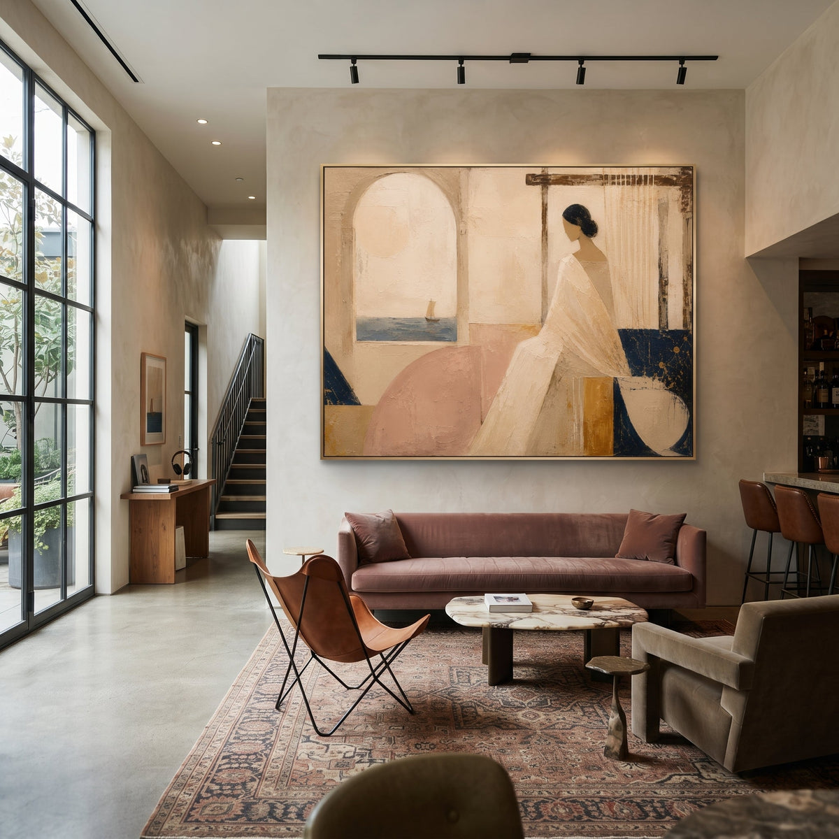 She sits beside the loom while a small sail crosses the window beyond her room. The quiet interior holds the sea at a distance, turning waiting into a private architecture of light and thread.