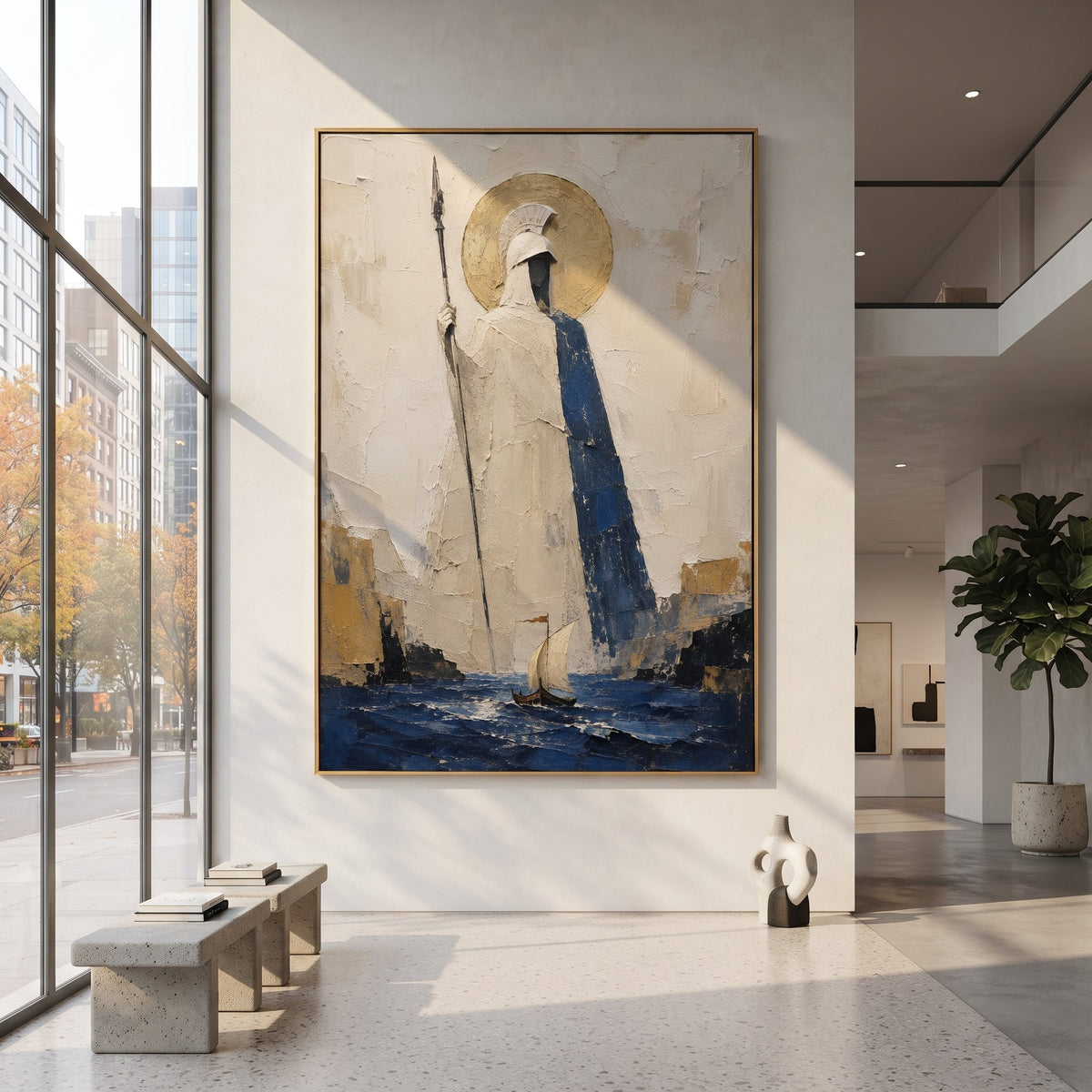 Athena stands above the channel with spear in hand while the small sail moves through the blue below. The gold circle behind her makes protection feel watchful, formal, and immense.