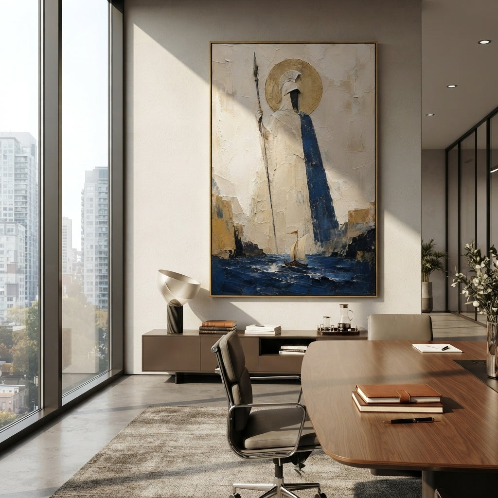 Athena stands above the channel with spear in hand while the small sail moves through the blue below. The gold circle behind her makes protection feel watchful, formal, and immense.