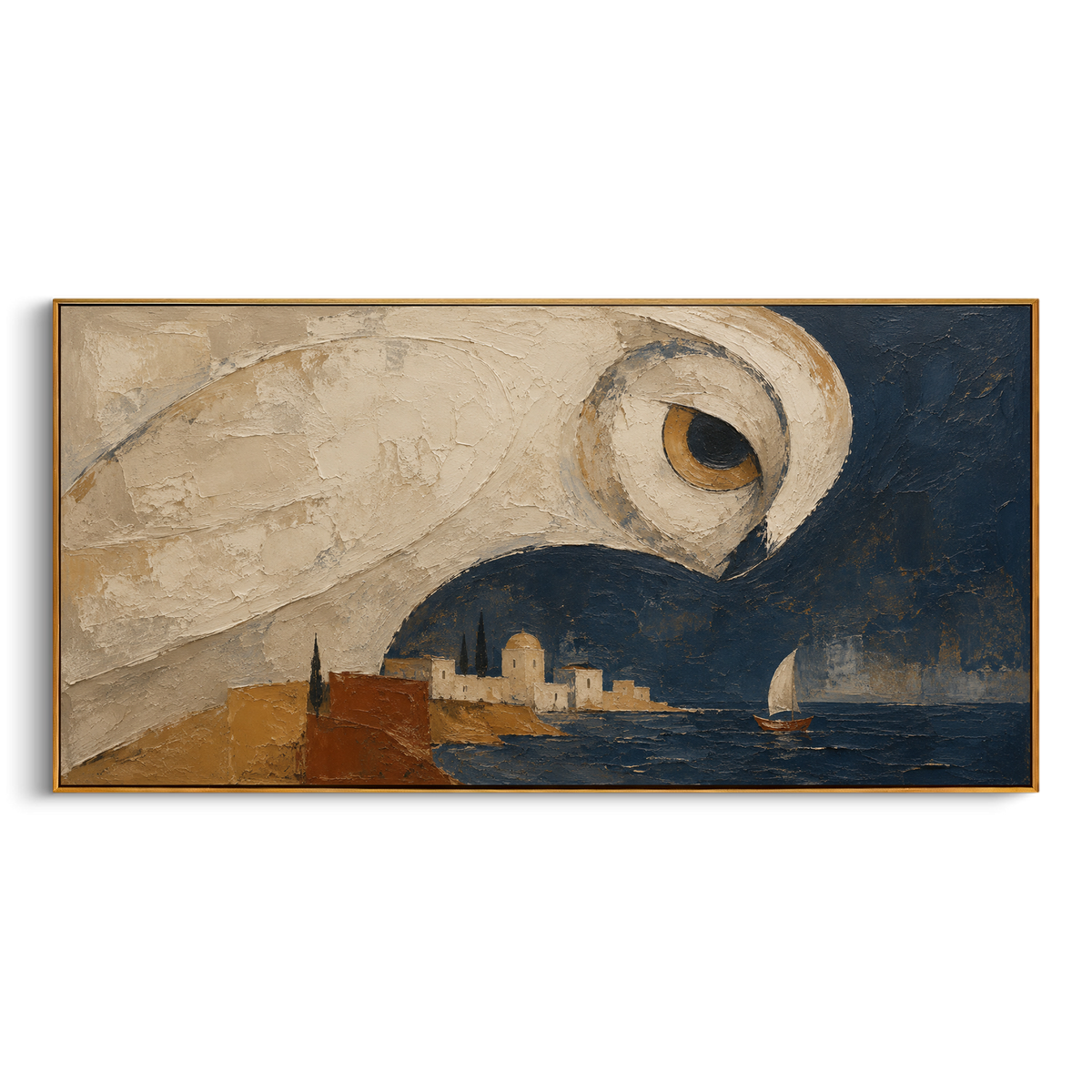 The owl stretches across the harbor sky, its eye lowered toward the small sail below. Athena's sign becomes shelter and surveillance at once, wrapping the blue town in a silent wing.