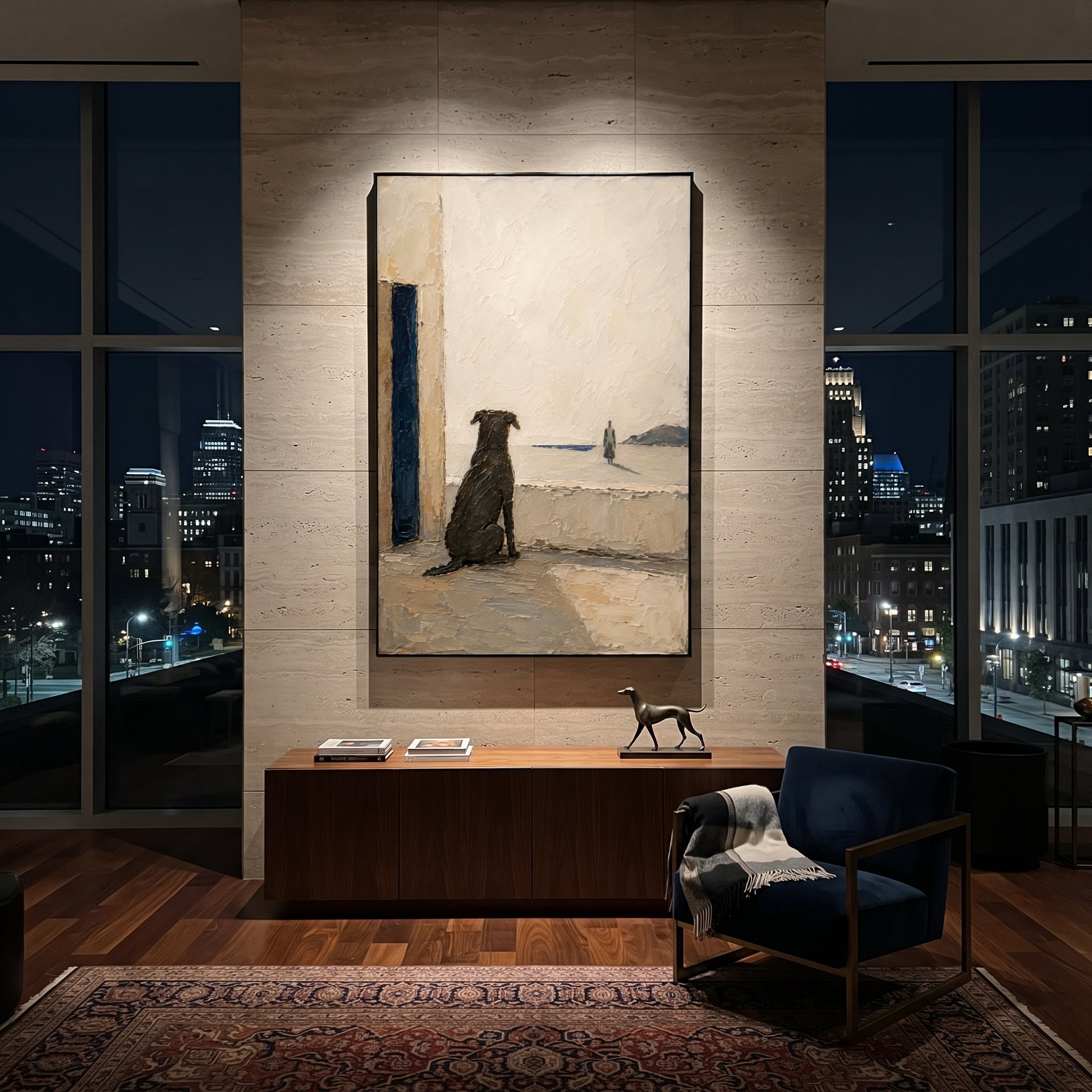 The dog waits by the doorway while a distant figure crosses the pale edge of the sea. The quiet distance turns loyalty into the real subject of the journey home.