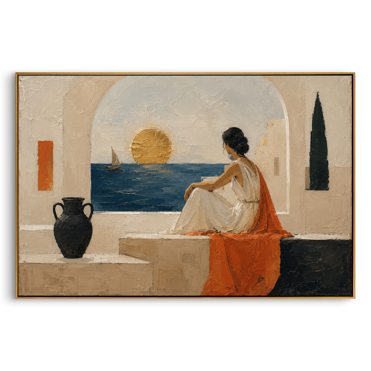 She sits within the white architecture, watching a sail move across the gold-lit sea. The orange drapery pulls the sunset into the room, making longing feel warm and exact.