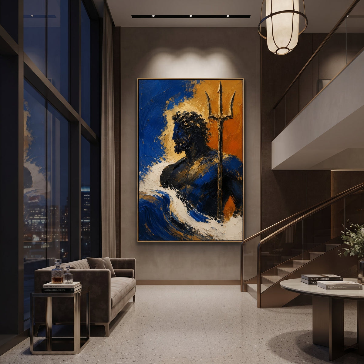 Poseidon rises from the blue foam with the trident held close, half shadow and half gold. The sea curls around him as if every wave has learned his shape.