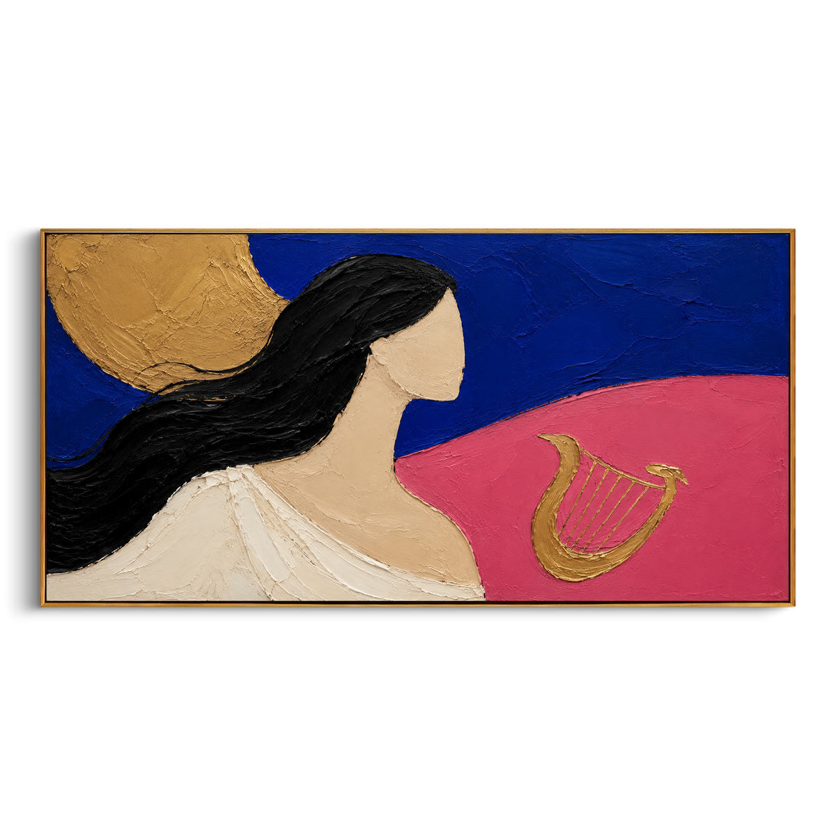 The muse faces the gold lyre as if hearing a song before it is played. Blue night, pink ground, and the round gold light turn the scene into the memory of music guiding a voyage.