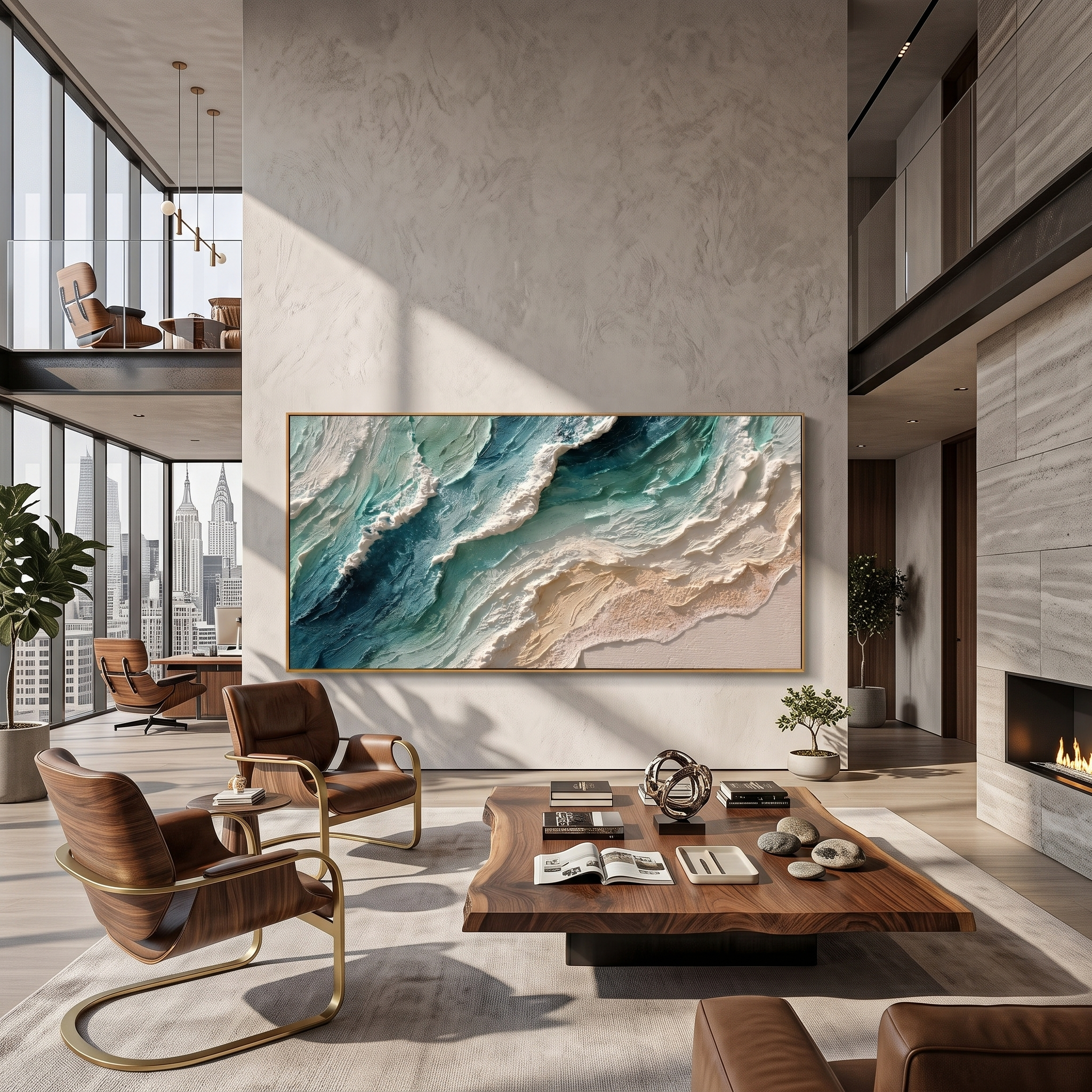 Shoreline Surge – Teal & Ivory Ocean Wave Painting | Coastal Abstract Panoramic Wall Art