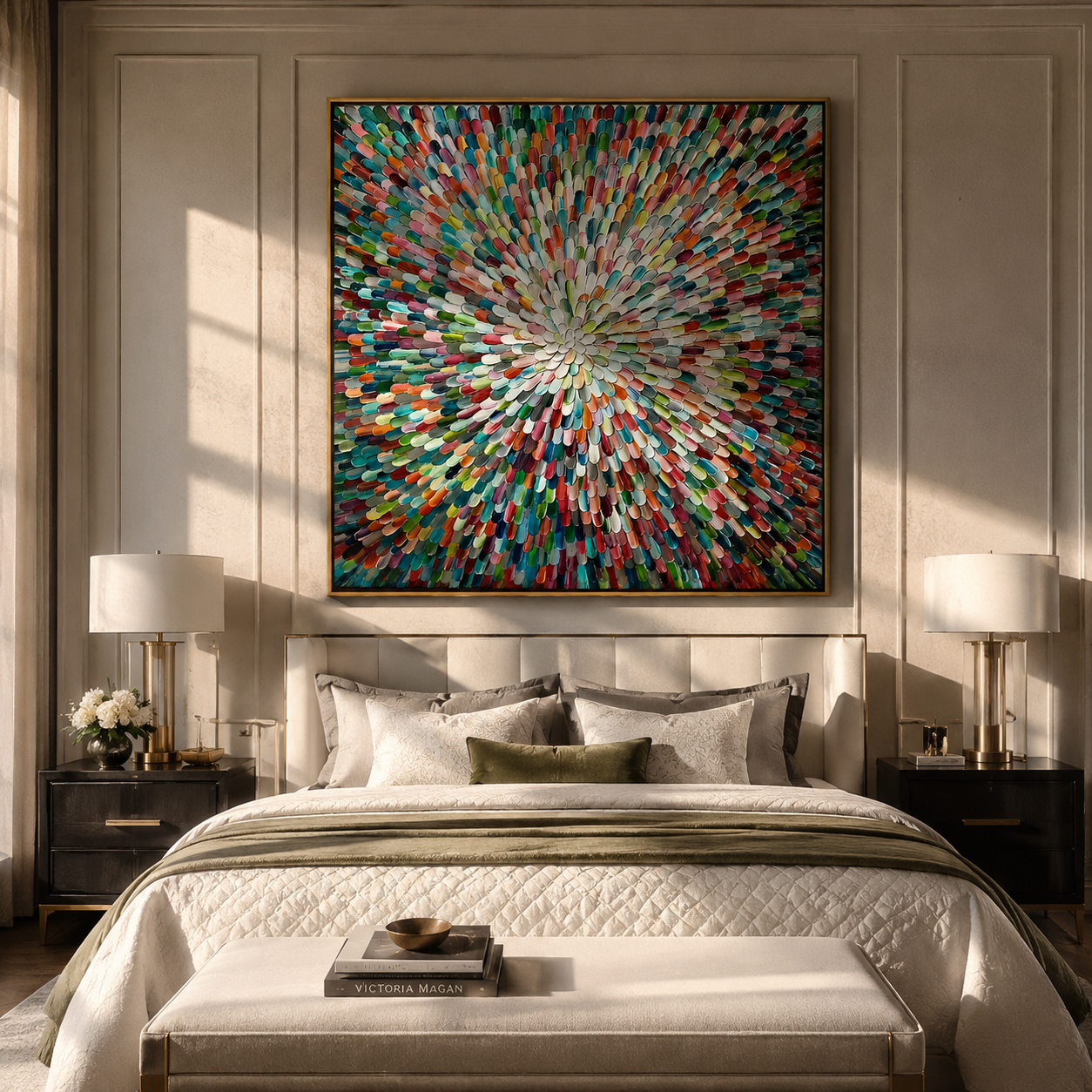 Kaleidoscope in Bloom – colorful radial abstract painting above a bedroom headboard