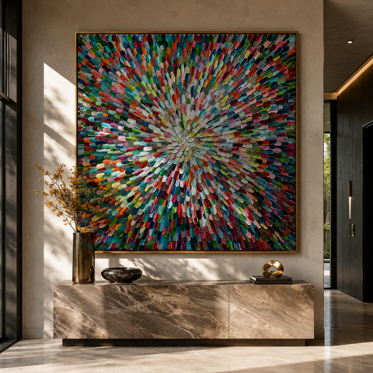 Textured radial abstract painting displayed above a console in a living room