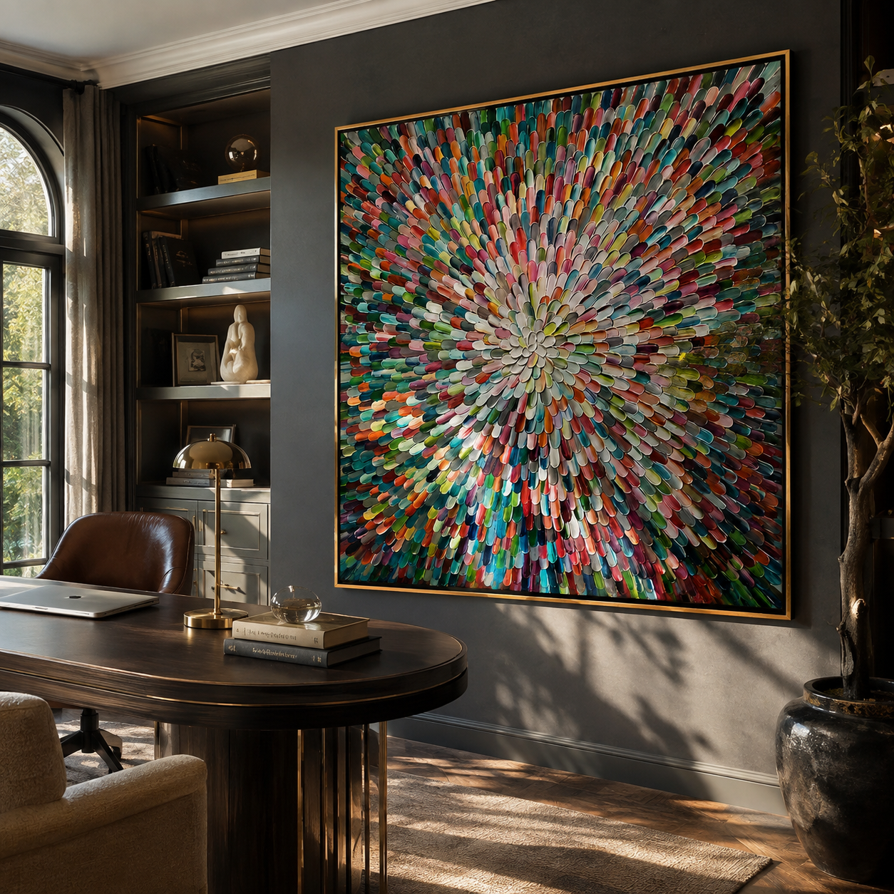 Vibrant multicolor abstract canvas hung above a sofa in a modern living room