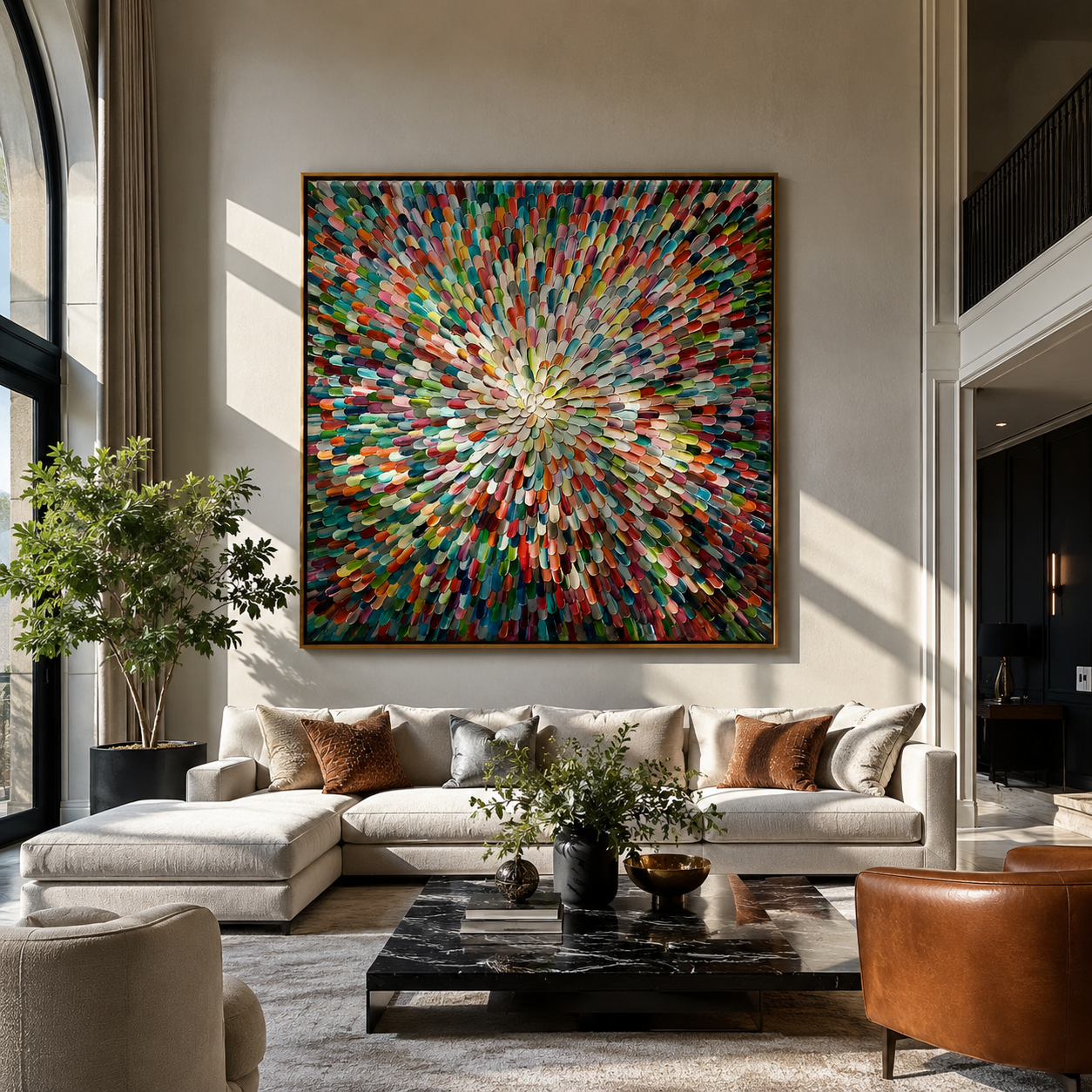 Square radial burst painting displayed above a dresser in a bright bedroom