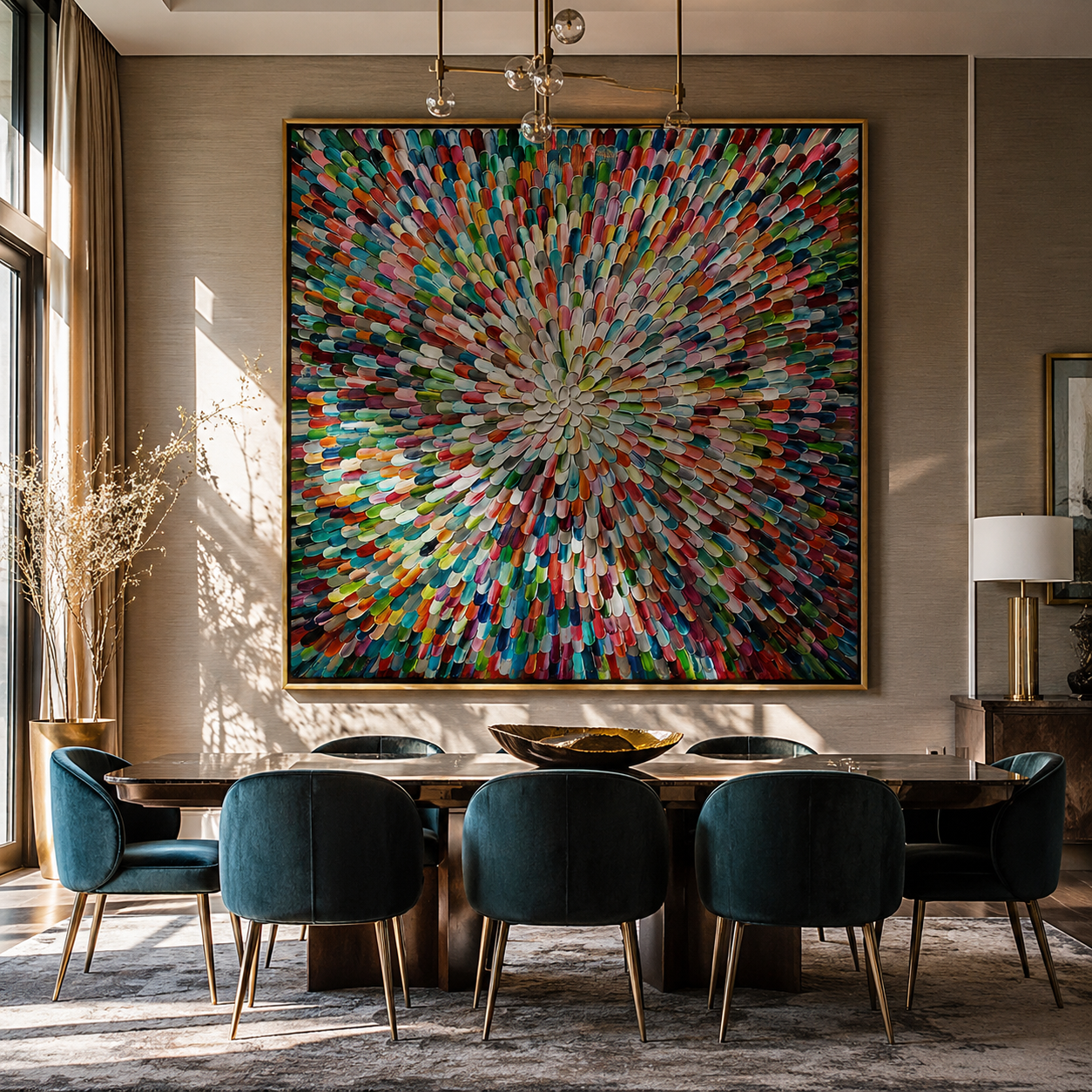 Textured colorful abstract canvas above a desk in a home office