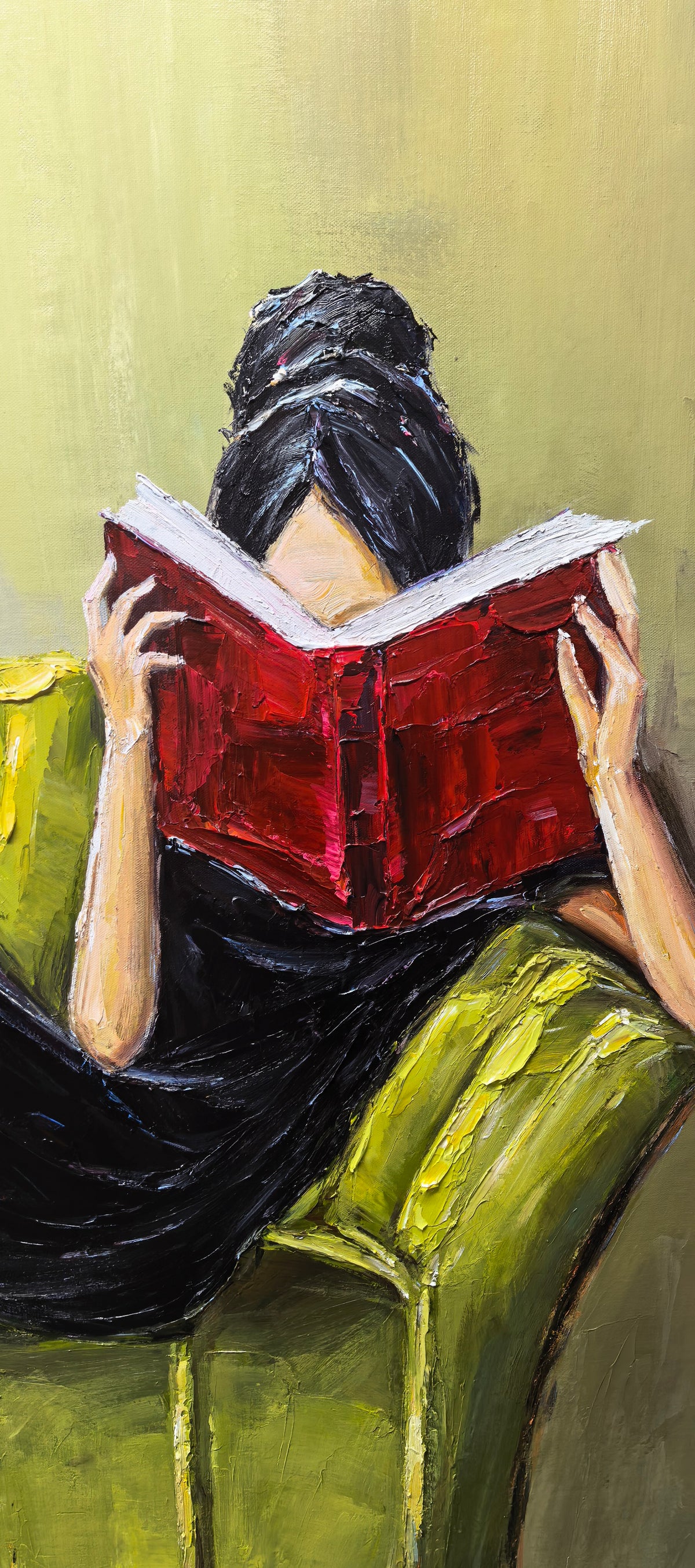 Quiet Hour – Emerald Velvet Reading Nook Painting | Elegant Interior Living Room Art