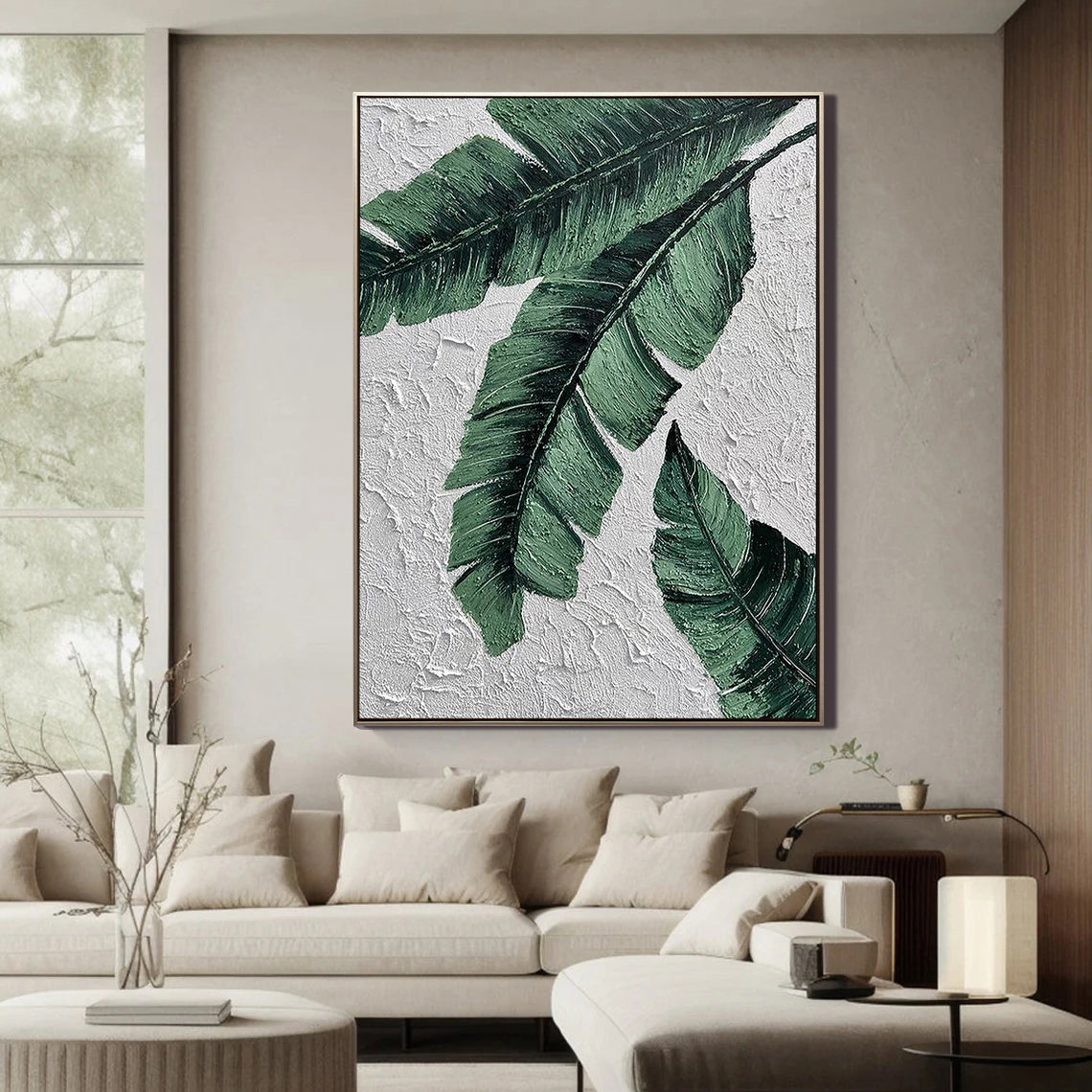 Emerald Frond – Modern Banana Leaf Texture Painting | Tropical Botanical Bedroom & Dining Room Art