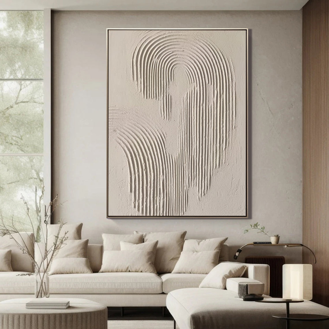 Ripple Echo – Hand-Painted Neutral Sand Plaster Effect Arch Ripple Relief Wabi-Sabi Painting | Japandi Organic Wabi-Sabi Living Room & Hallway Art