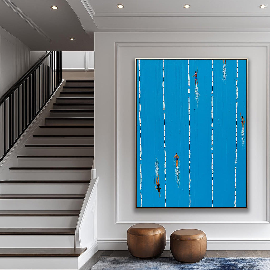 Summer Splash – Modern Swimming Pool Textured Painting | Minimalist Vibrant Blue Home Office Art