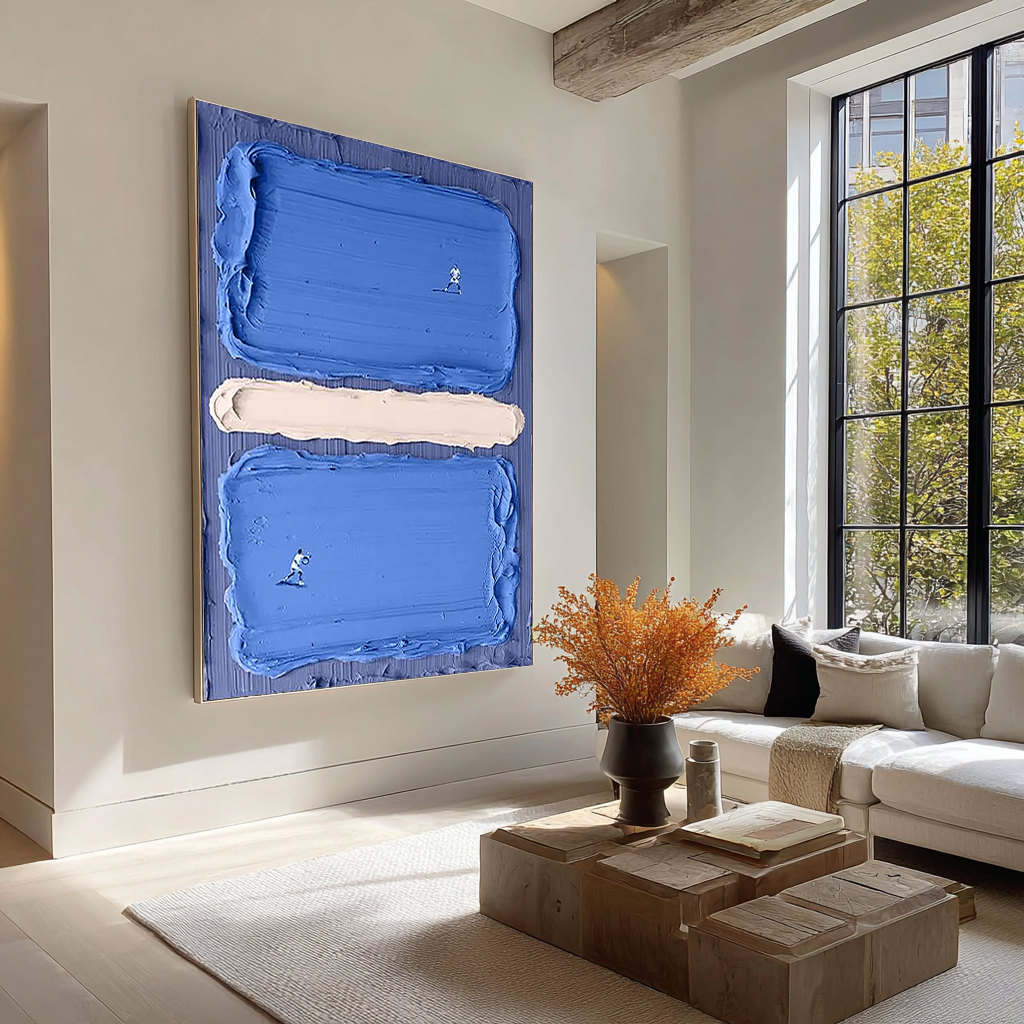 Court Horizon – Hand-Painted Deep Blue Tennis Court Athletes 3D Sport Painting | Contemporary Sport Home Office & Living Room Art
