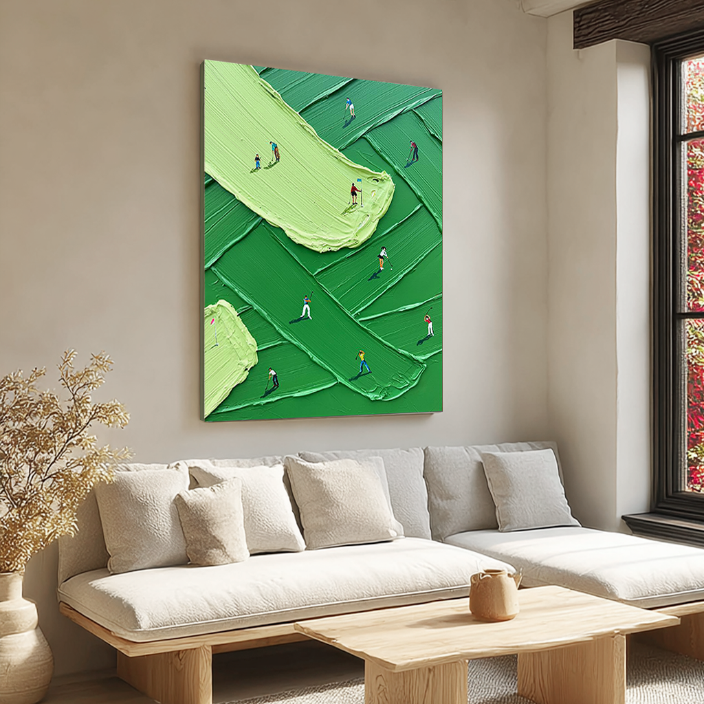 Vibrant Fairway – Hand-Painted Green Grass Texture Minimalist Golfers Sport Painting | Contemporary Sport Home Office & Living Room Art