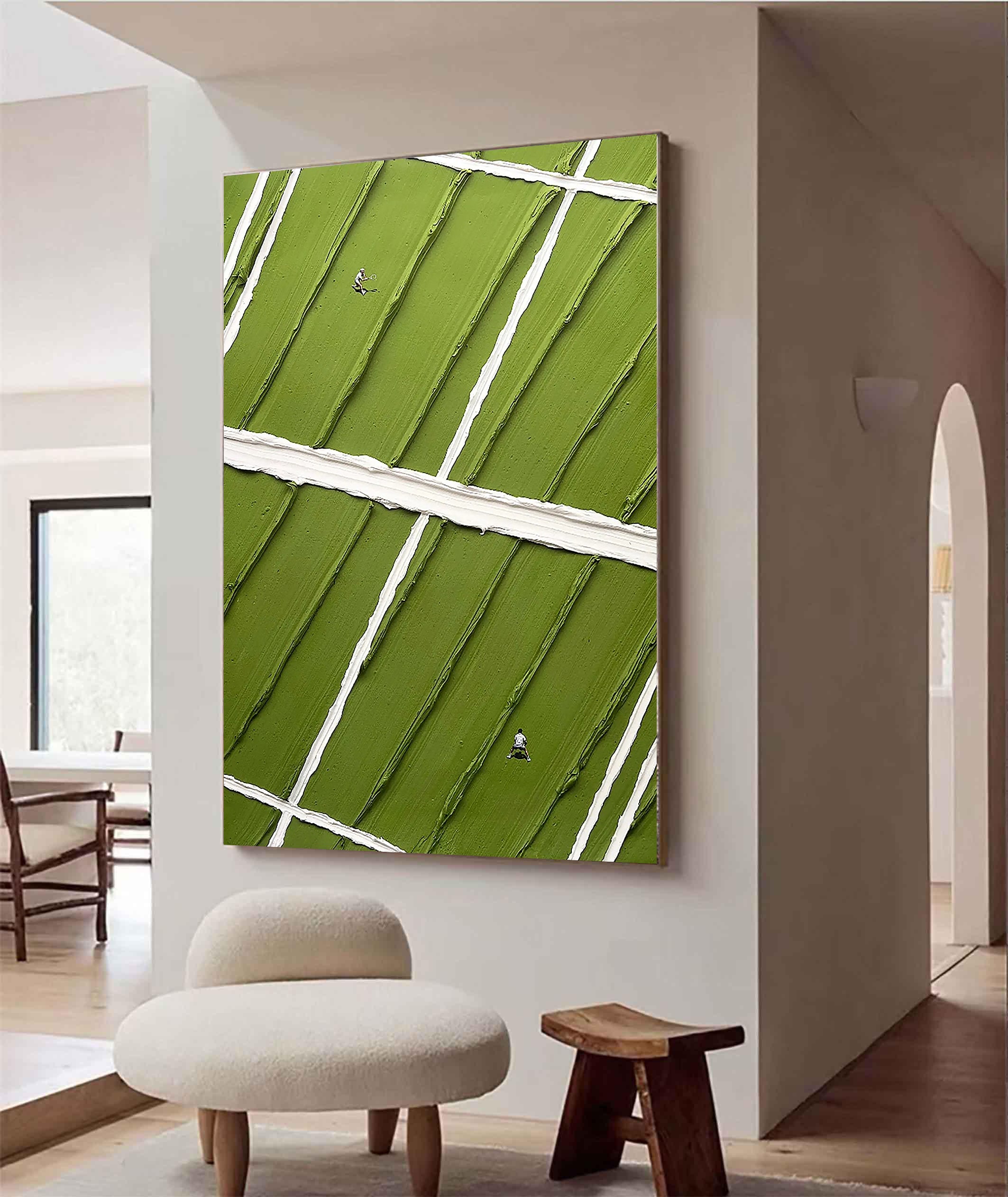Match Point – Hand-Painted Green Tennis Court Minimalist Athletes Sport Painting | Contemporary Sport Home Office & Living Room Art