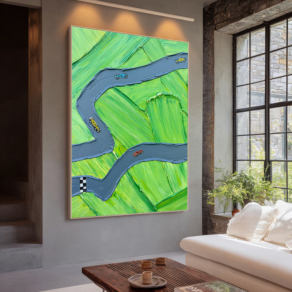 Circuit Breeze – Hand-Painted Green Race Track Minimalist Racing Car Sport Painting | Contemporary Sport Home Office & Living Room Art
