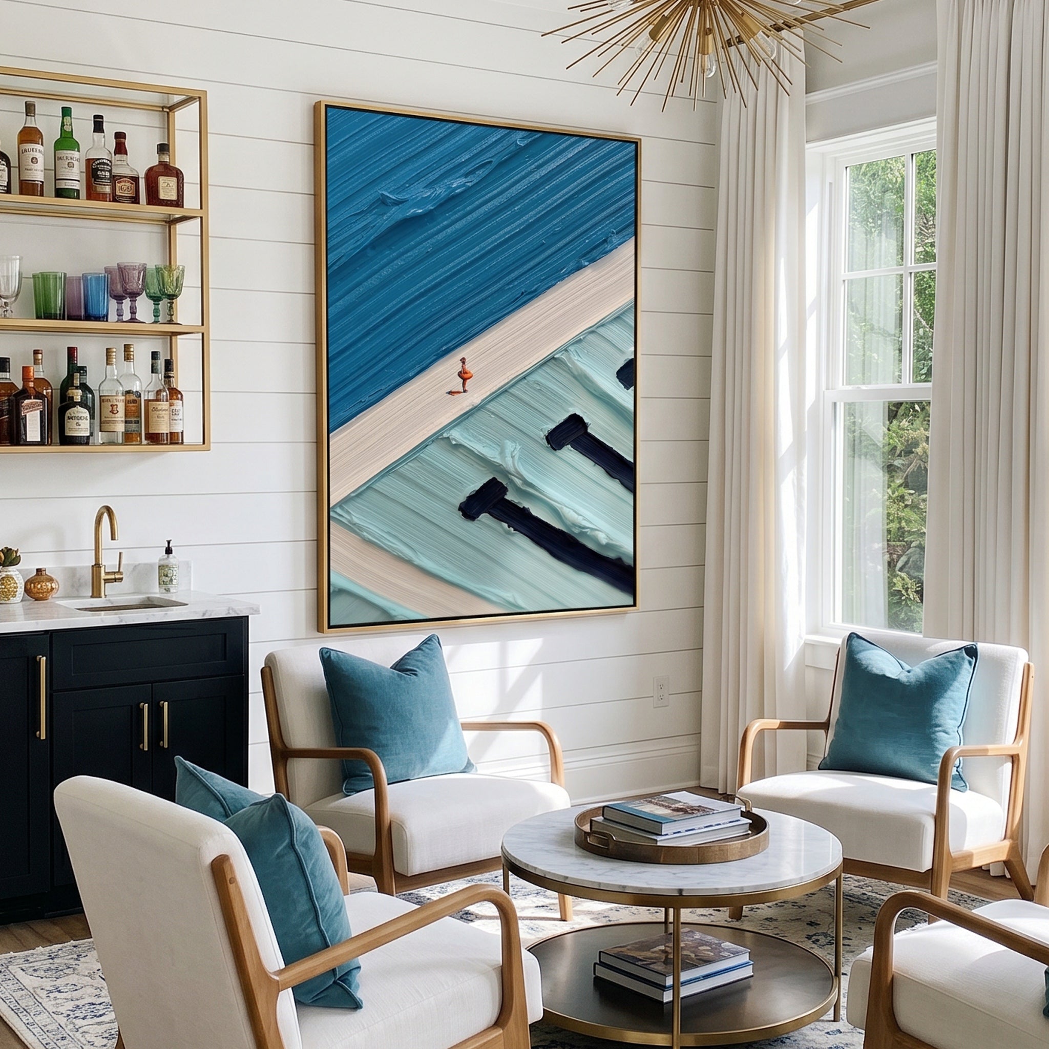 Infinite Azure – Modern Narrative Heavy Impasto Painting | Creative Summer Pool Themed Hallway Art