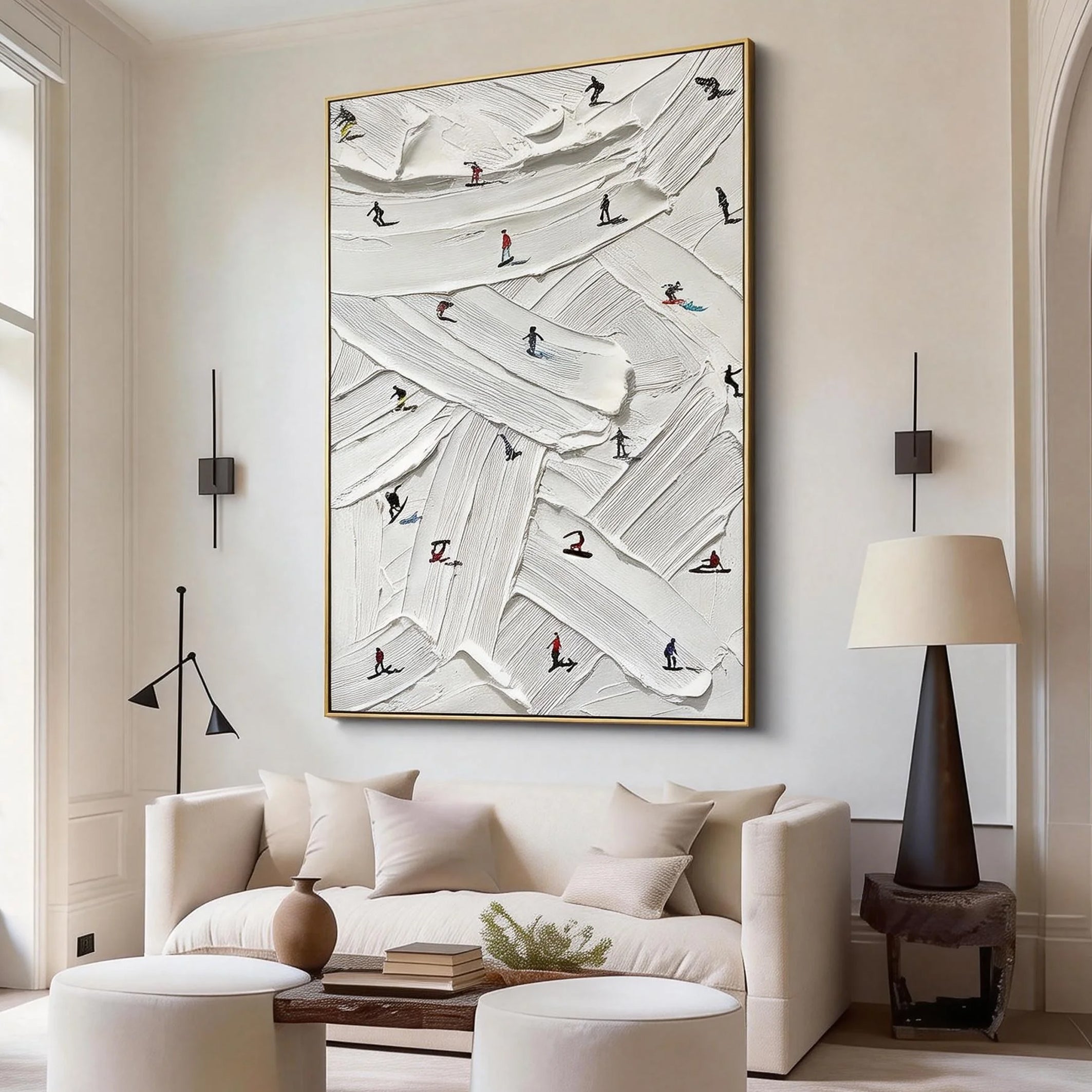 Winter Crossing – Hand-Painted Minimalist Skiing Athletes 3D Plaster Effect Sport Painting | Contemporary Sport Home Office & Living Room Art