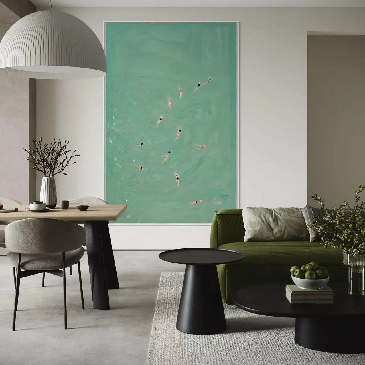 Mint Sea Wanderlust – Modern Retro Swimmers Mint Green Art | Cozy Summer Bedroom Art