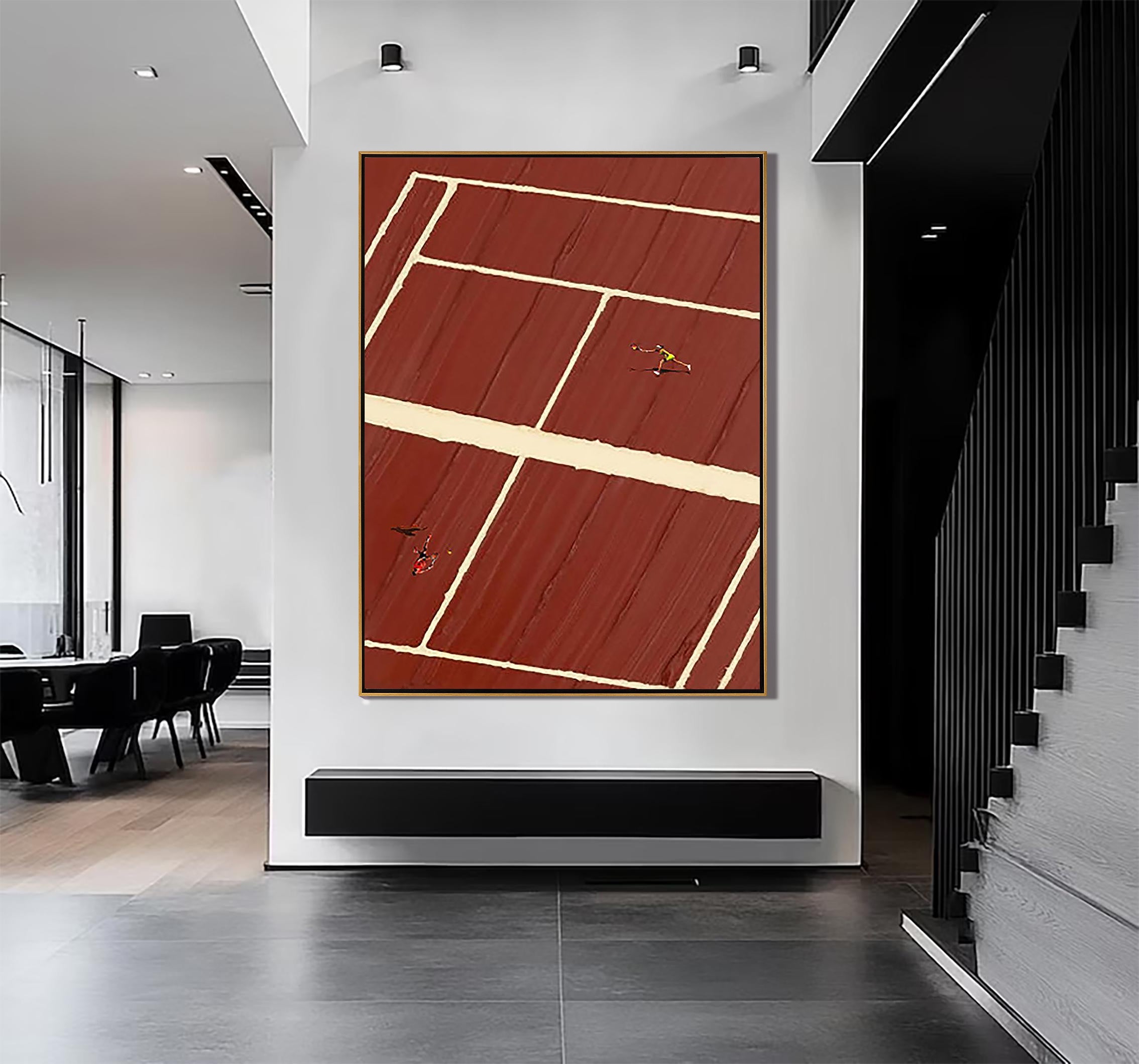 Clay Court – Minimalist Red Clay Tennis Court Hand-Painted Geometric Sport Painting | Contemporary Sport Home Office & Living Room Art