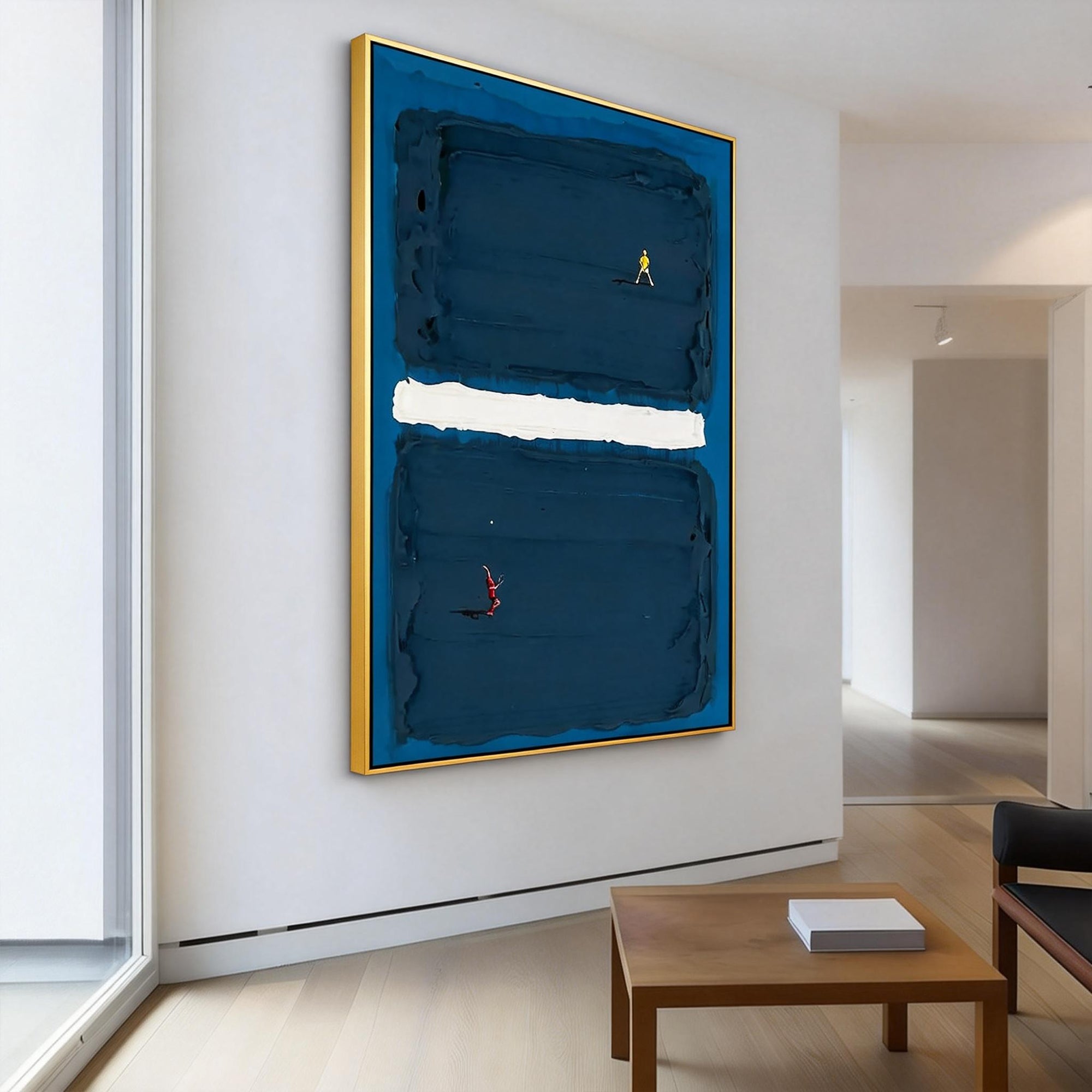 Deep Dive – Minimalist Navy Blue Abstract Hand-Painted Geometric Sport Painting | Contemporary Sport Home Office & Living Room Art