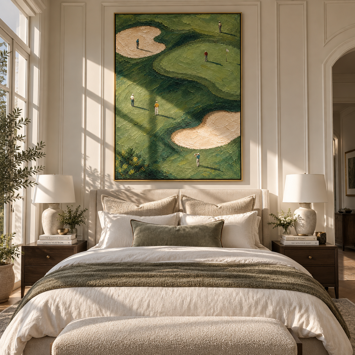 Fairways Between Long Shadows – green textured golf painting displayed in a modern interior