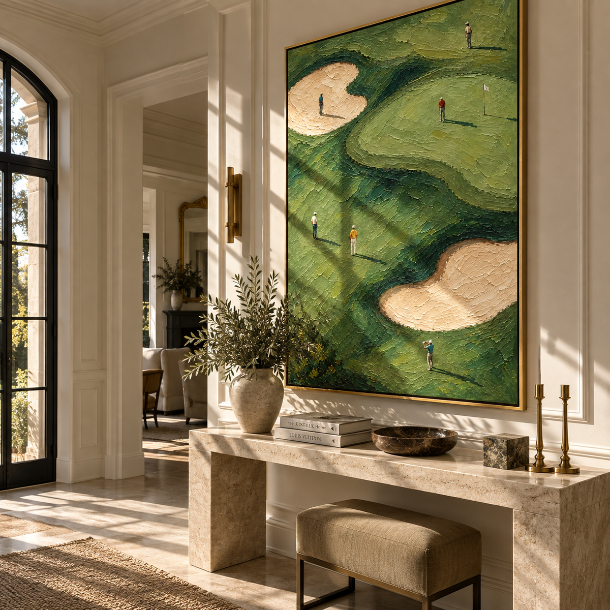 Fairways Between Long Shadows – vertical sport painting styled with contemporary furniture