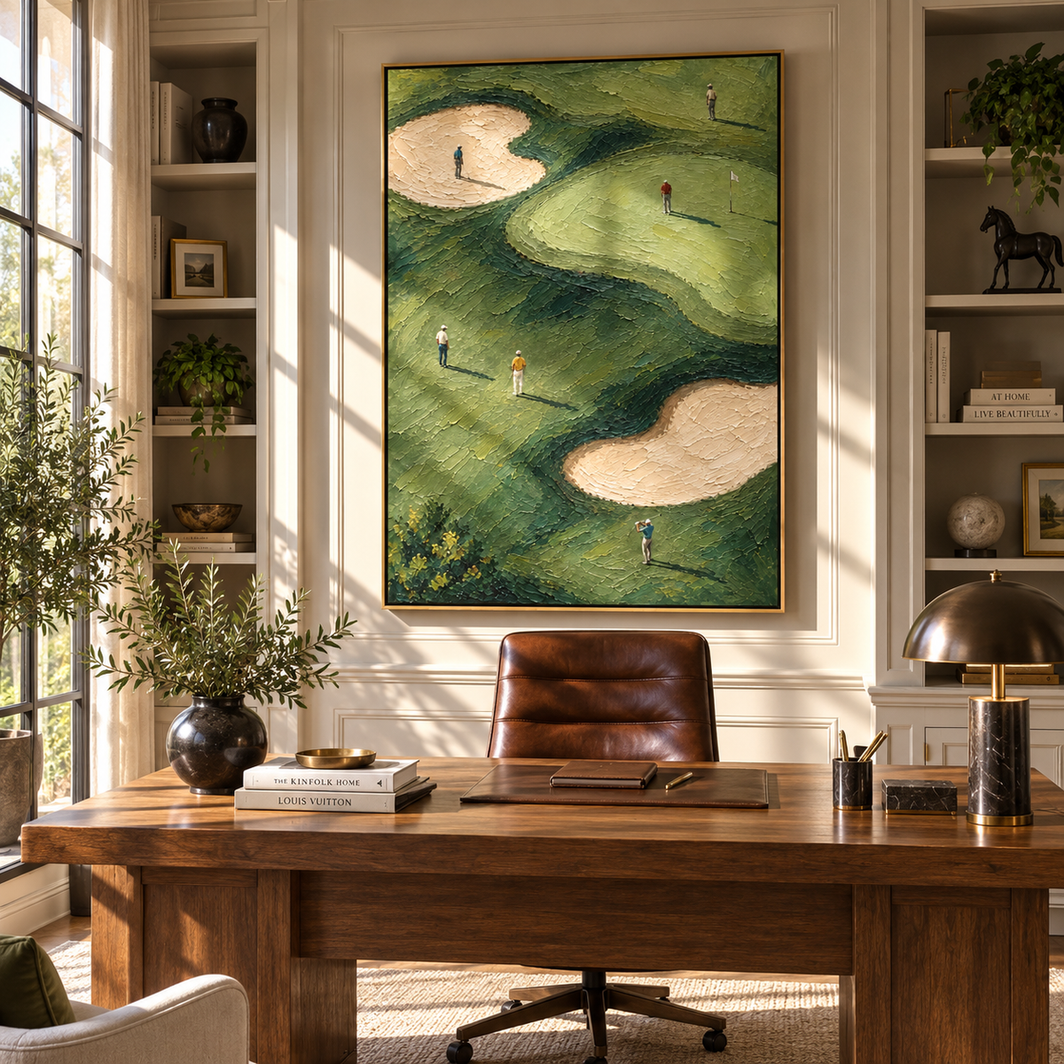Fairways Between Long Shadows – modern golf painting presented in a refined room setting