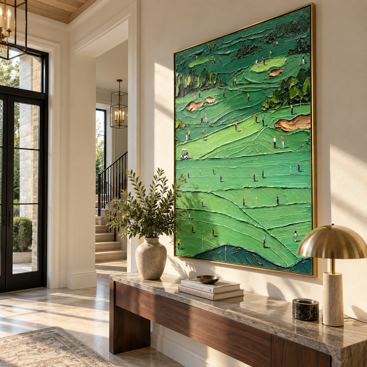 Many Games Across Green – green golf wall art displayed in an alternate interior