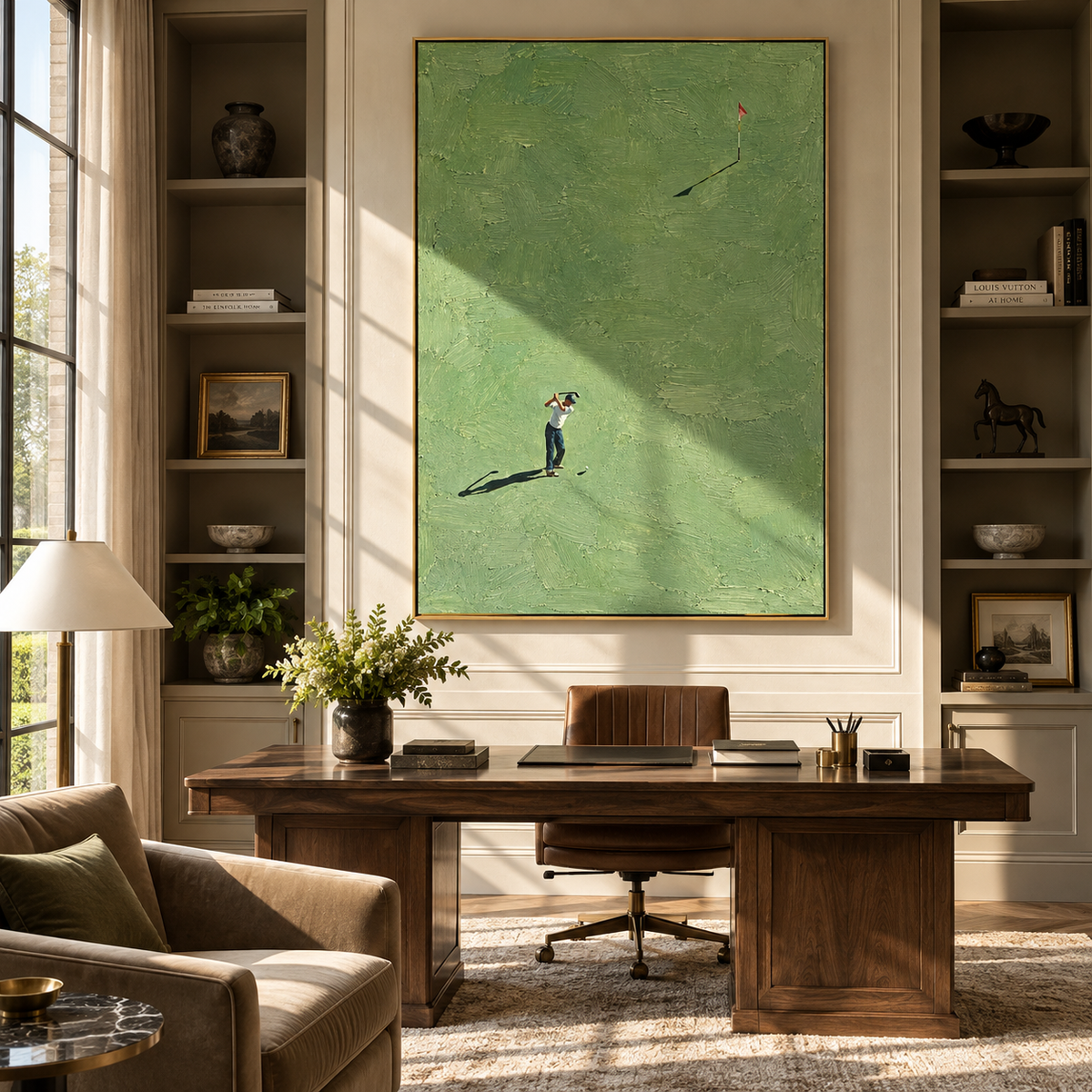 Long Shadow Before Par – textured golfer artwork shown in a home office setting