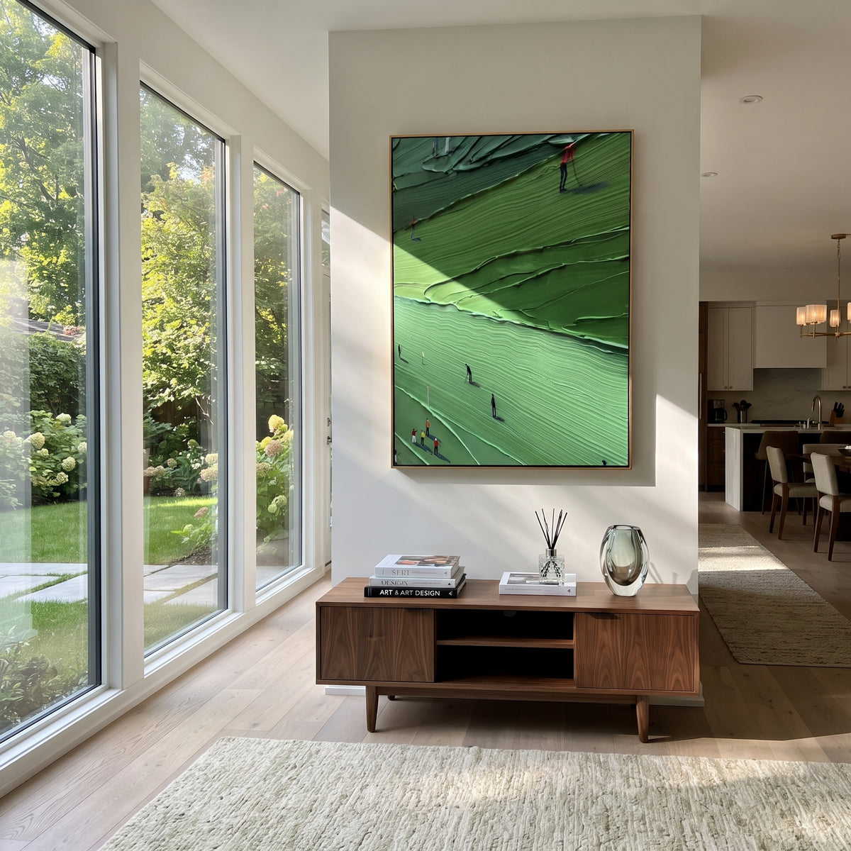 Golfers Across Emerald Ridges displayed in a styled interior