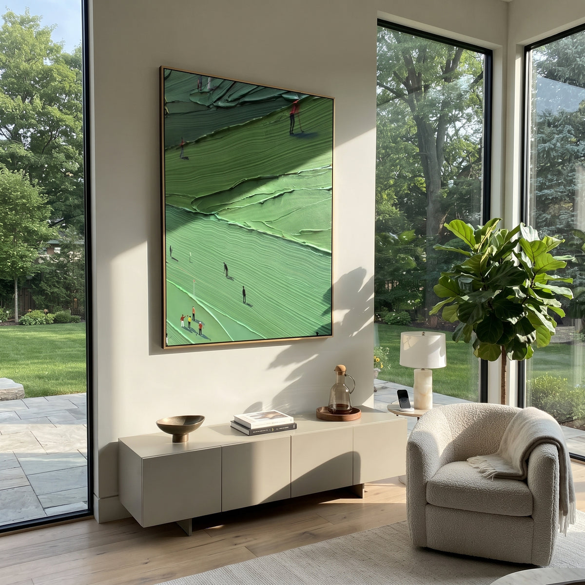Golfers Across Emerald Ridges shown above contemporary furnishings