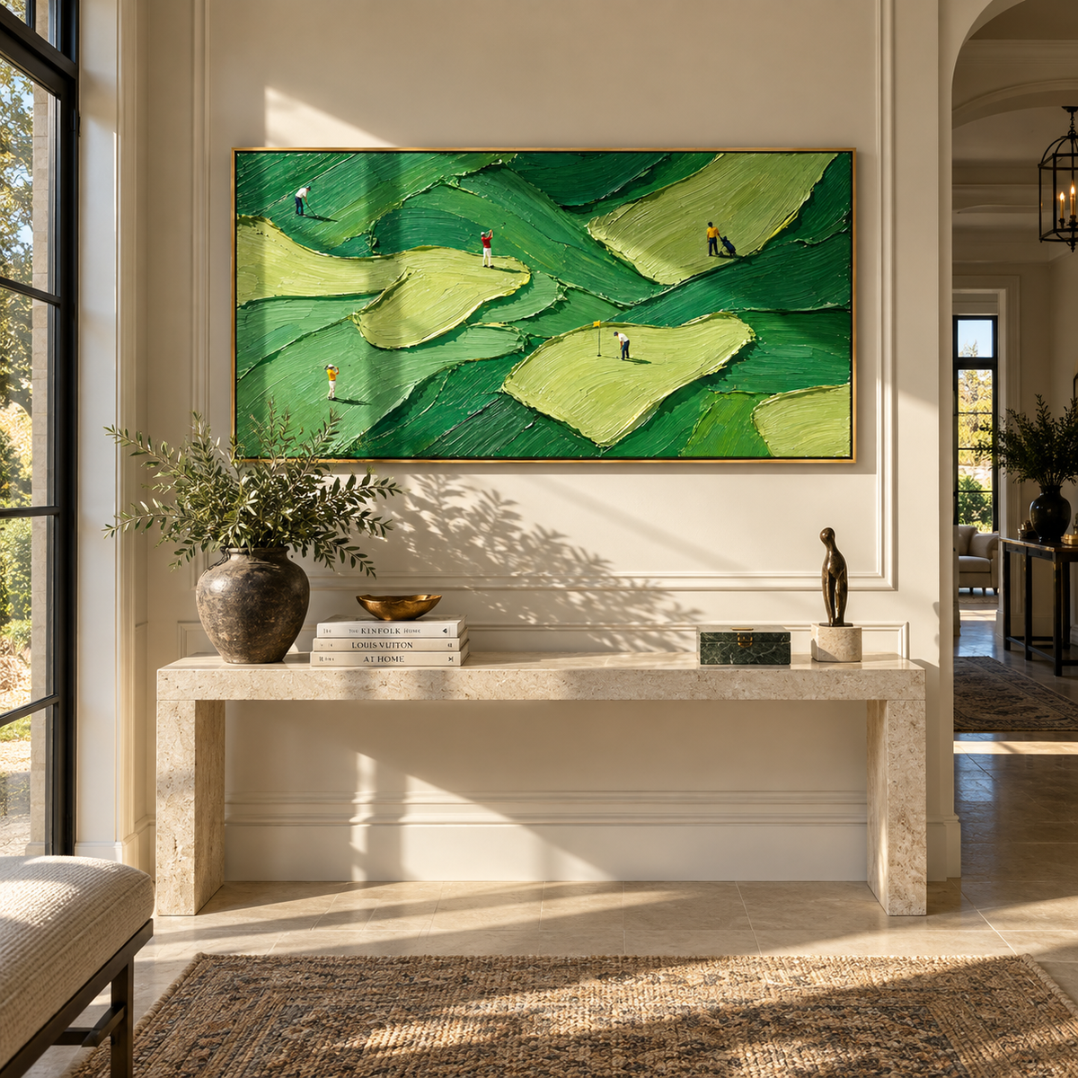 Golfers Cross Layered Greens green golf course painting displayed in a modern interior