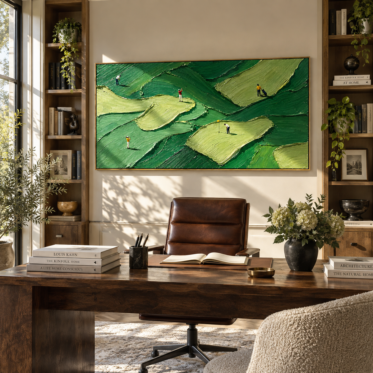 Golfers Cross Layered Greens wide painting styled as a refined focal point