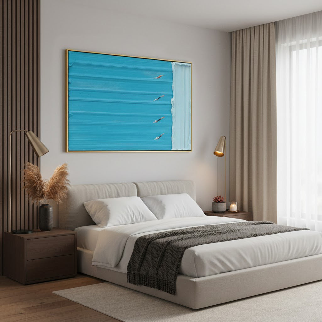 Azure Competition – Hand-Painted Minimalist Swimming Pool Azure Blue Sport Painting | Contemporary Sport Home Office & Living Room Art