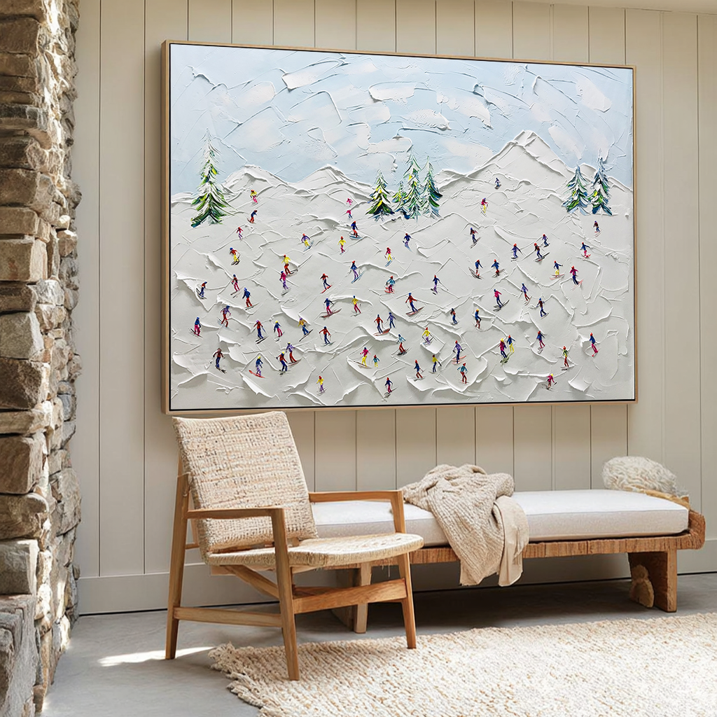 Summit Joy – Modern Heavy Impasto Skiing Oil Painting | Creative Snow Mountain Textured Living Room Art