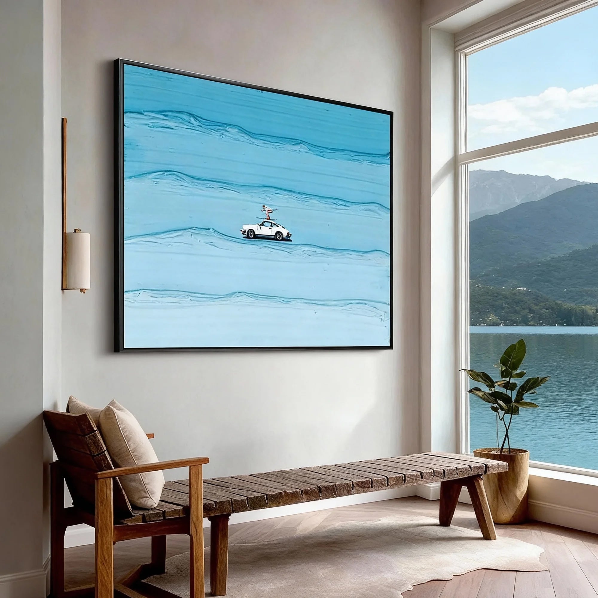 Surf Rider – Hand-Painted Creative White Car on Blue Ocean Wave Palette Knife Sport Painting | Coastal Modern Living Room & Bedroom Art