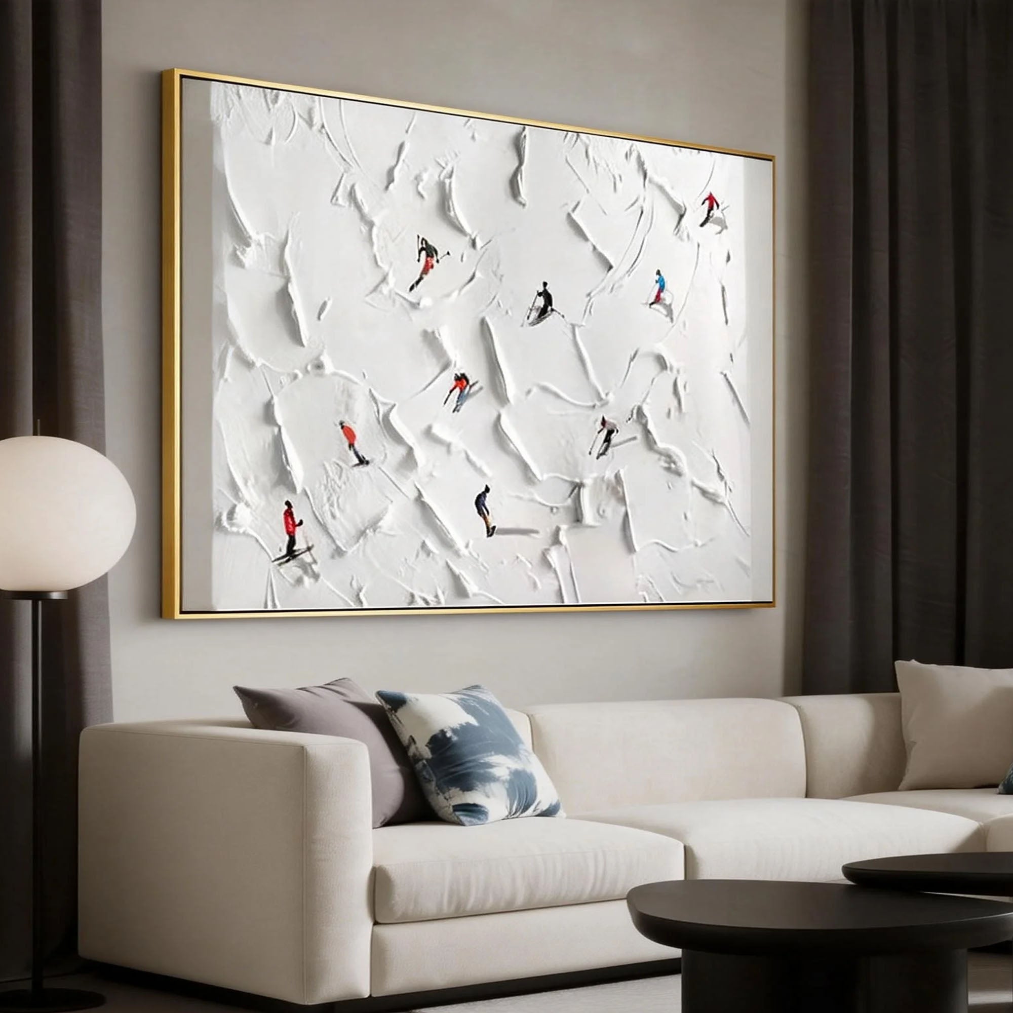 Alps Glide – Hand-Painted Minimalist Skiing Winter Athlete 3D Plaster Effect Sport Painting | Contemporary Sport Home Office & Living Room Art