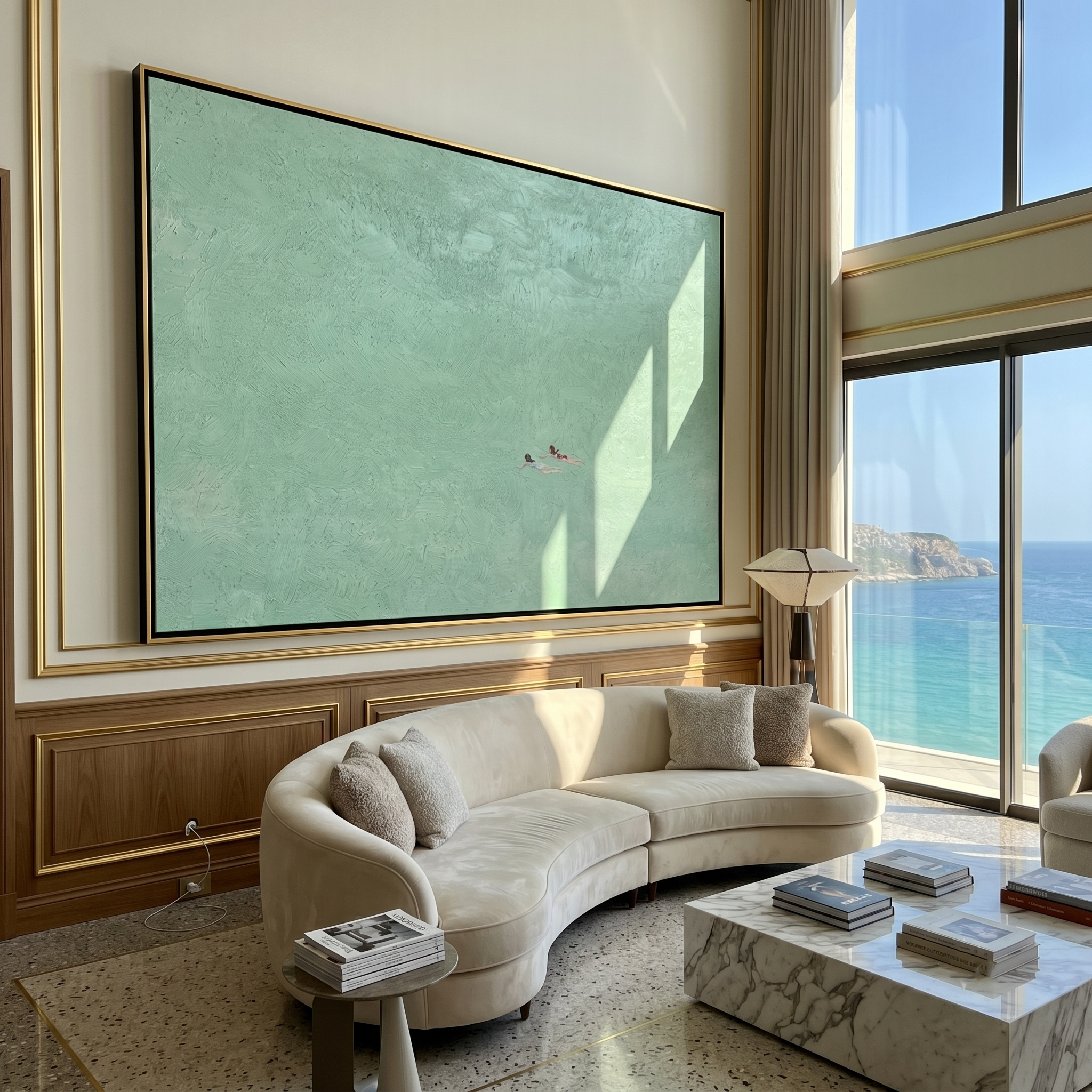 Mint Summer – Modern Minimalist Swimmers in Mint Green Canvas Art | Panoramic Landscape Living Room Art