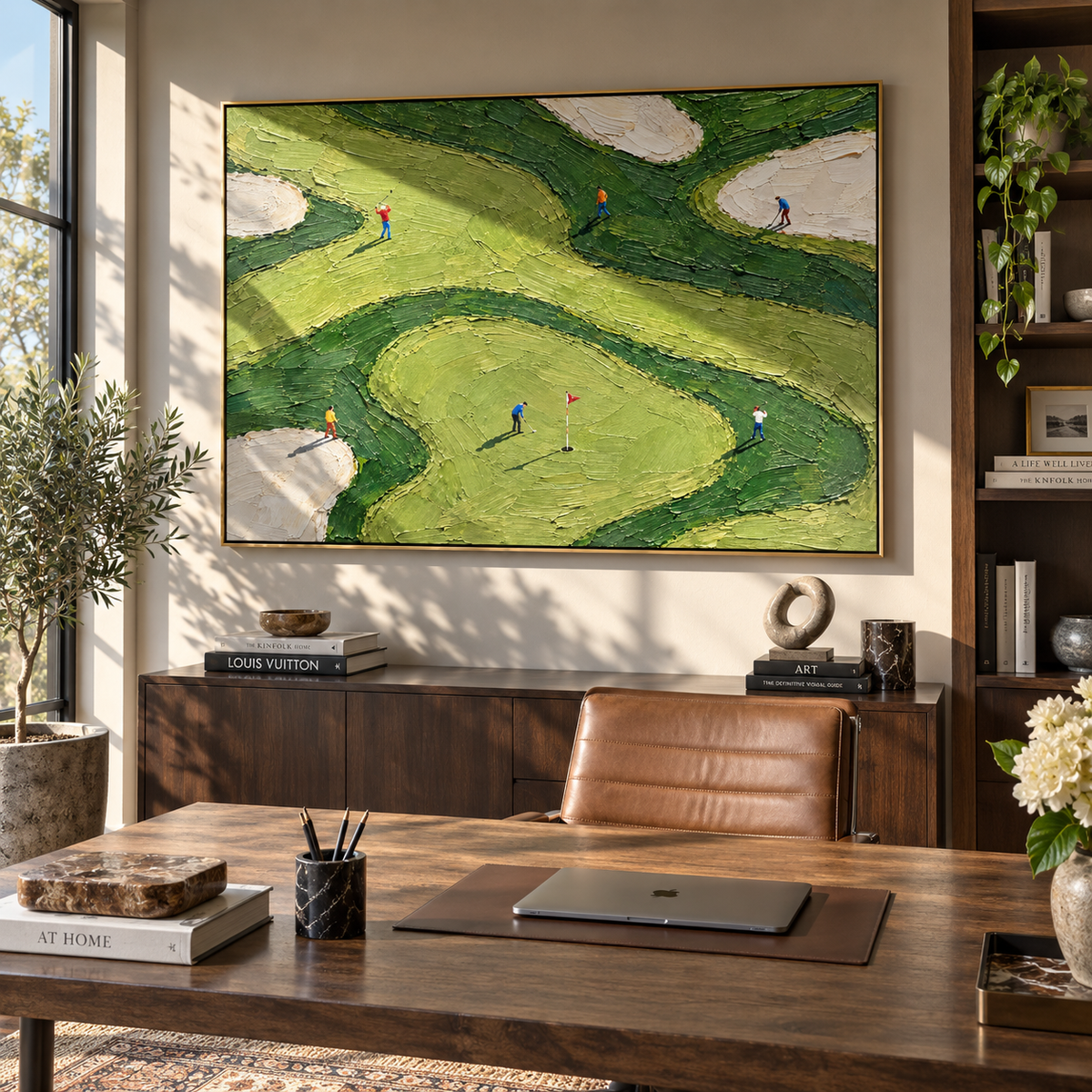 Fairways Curve Around Play textured golfer artwork shown in a home office setting