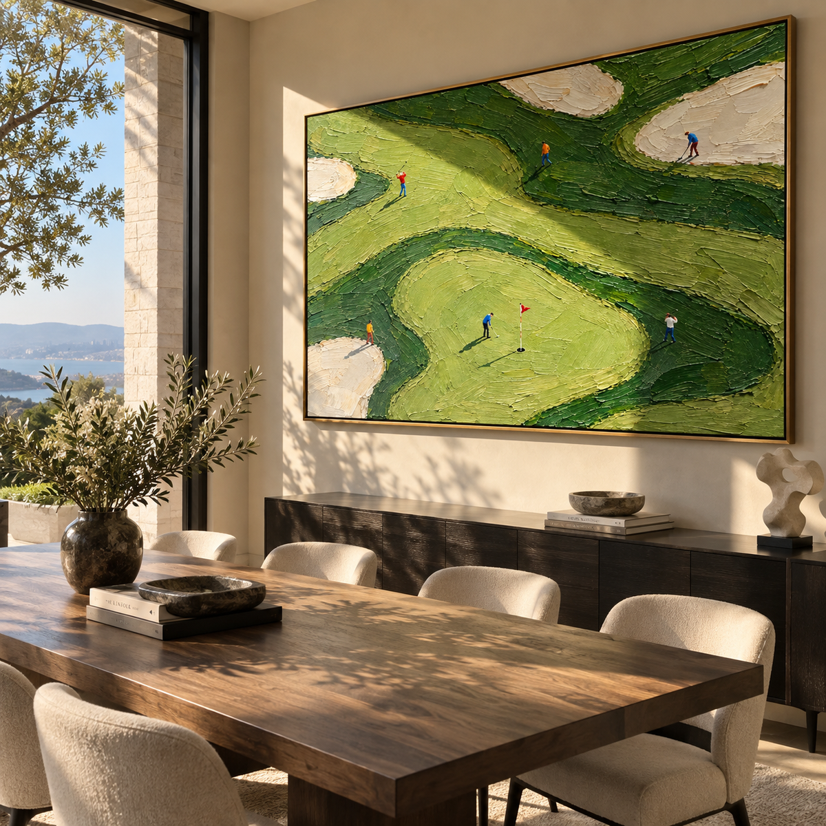 Fairways Curve Around Play modern golf painting presented in a refined room setting