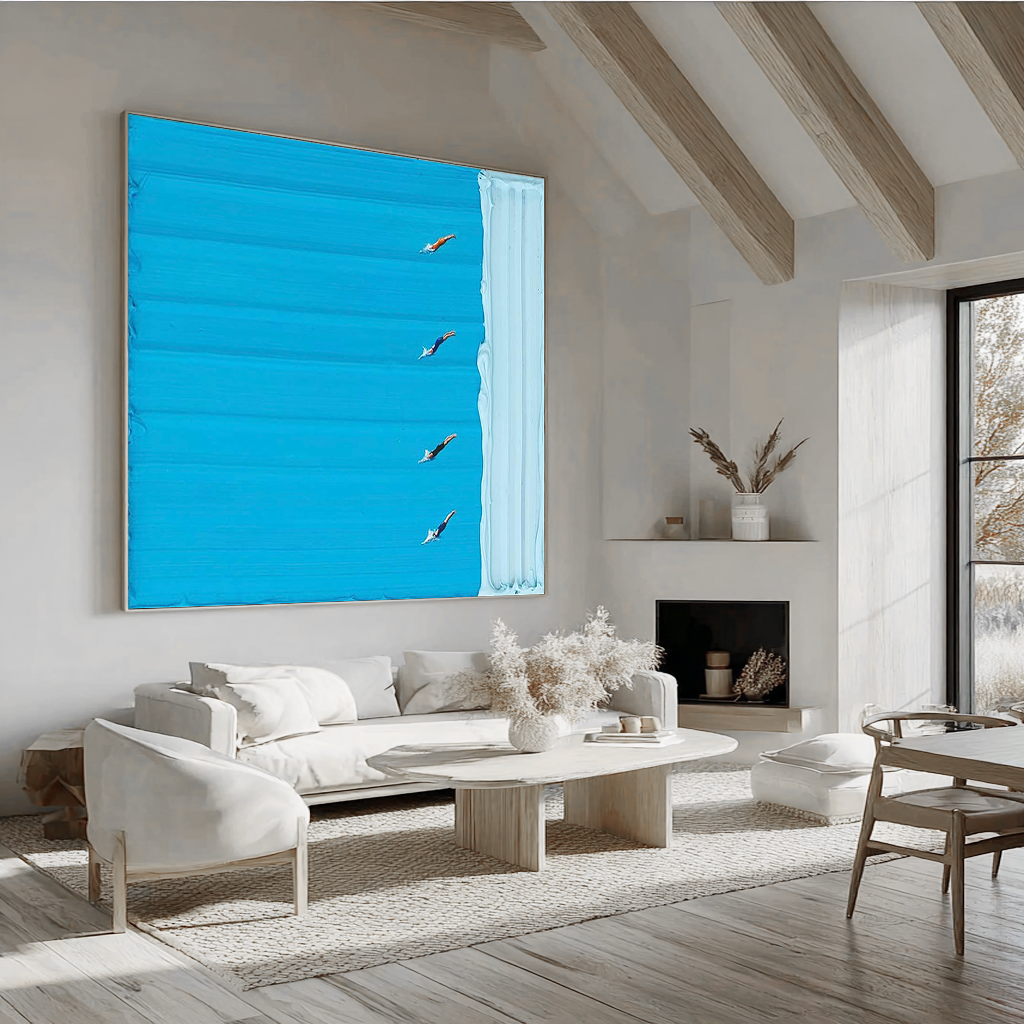 Azure Lane – Hand-Painted Minimalist Swimming Pool with Figures Sport Painting | Contemporary Expressionist Living Room & Office Art