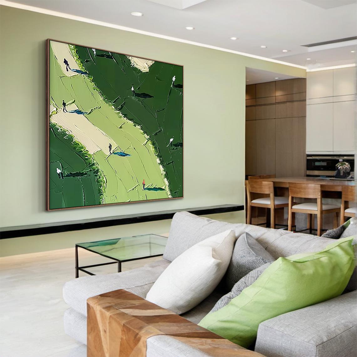 Deep Fairway – Hand-Painted Forest Green 3D Heavy Texture Golf Course Athletes Sport Painting | Contemporary Landscape Living Room & Dining Room Art