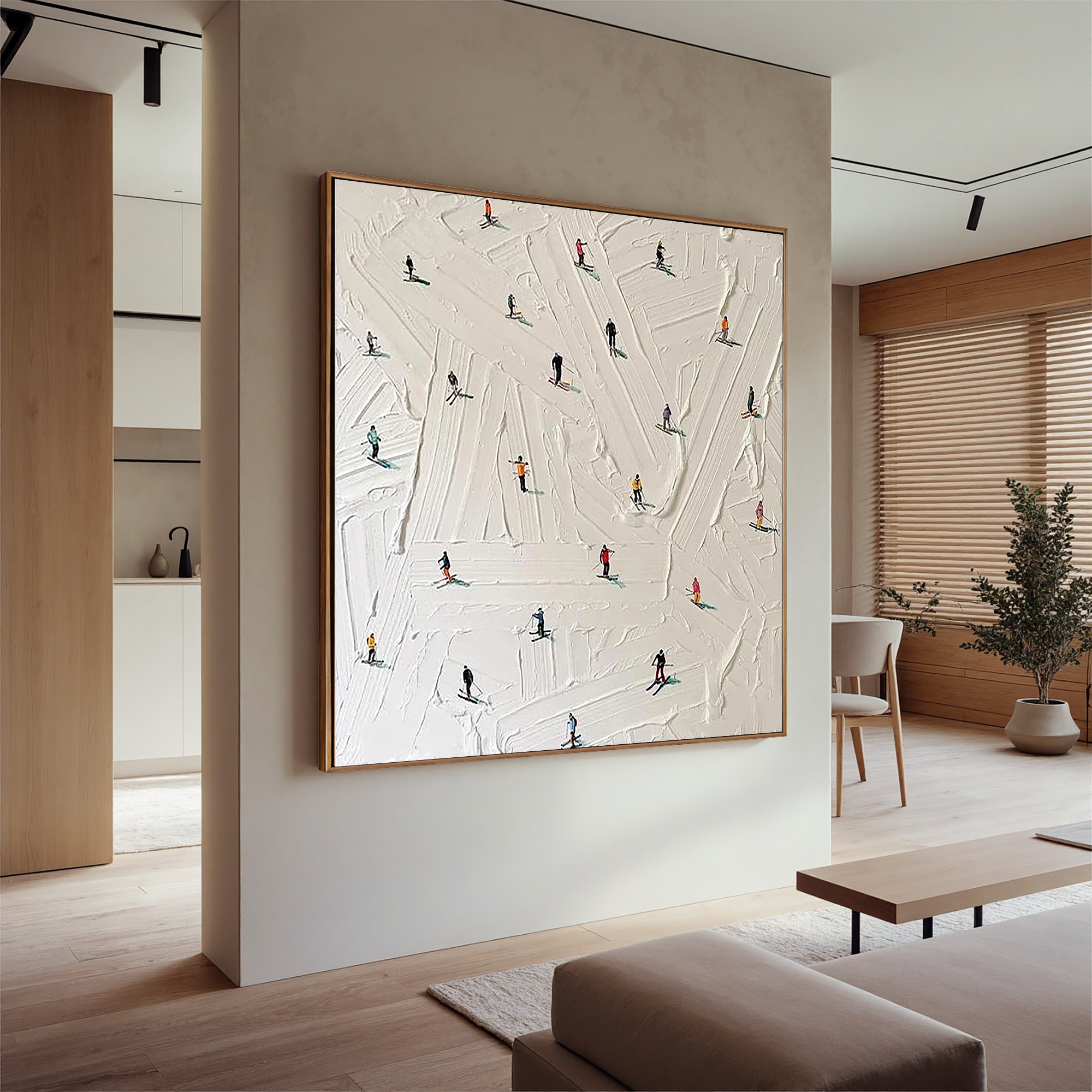 Winter Slopes – Modern Textured Skiing Scene Painting | Minimalist Miniature Figures Entryway Art