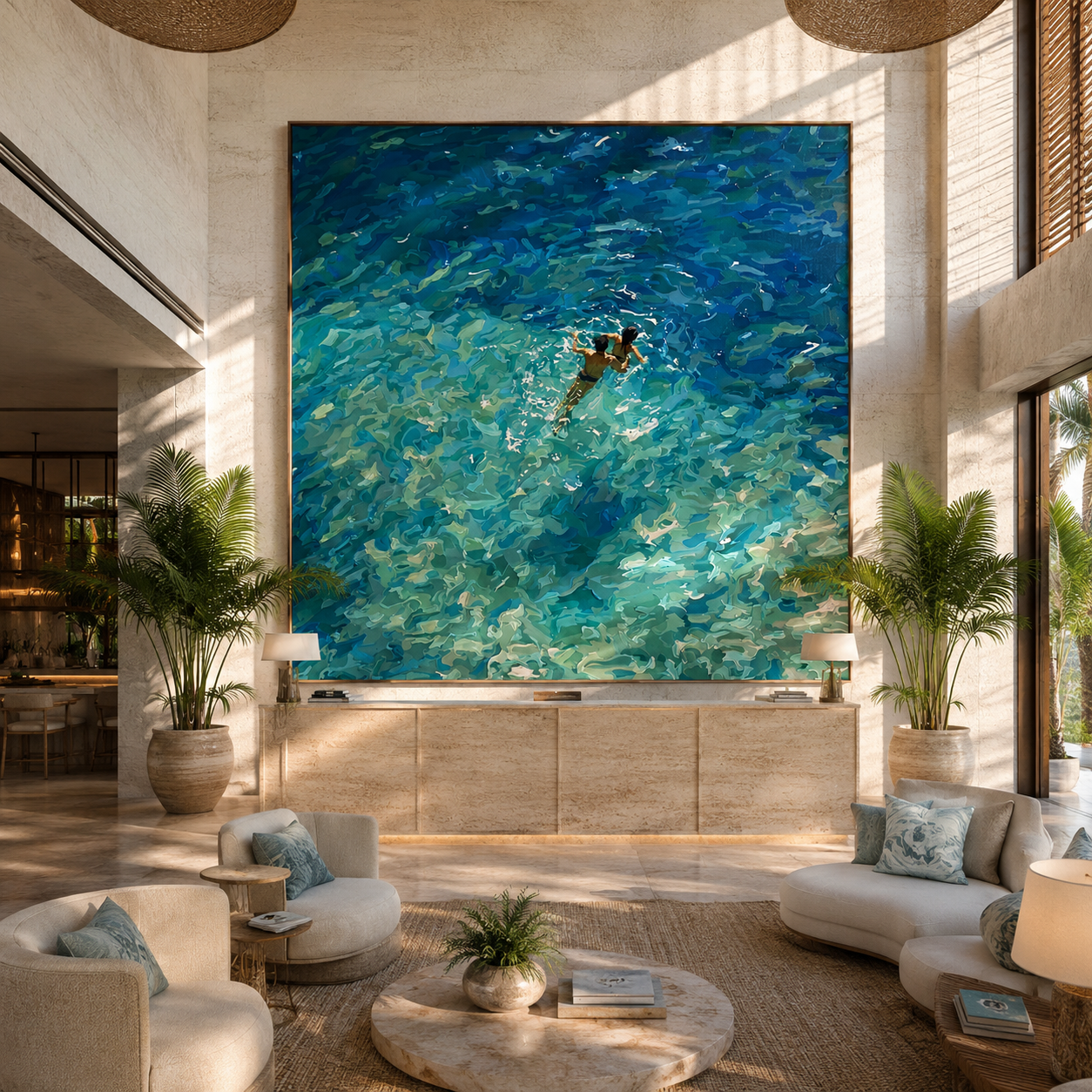 Swimmers in Open Water presented over an entryway console in a contemporary home