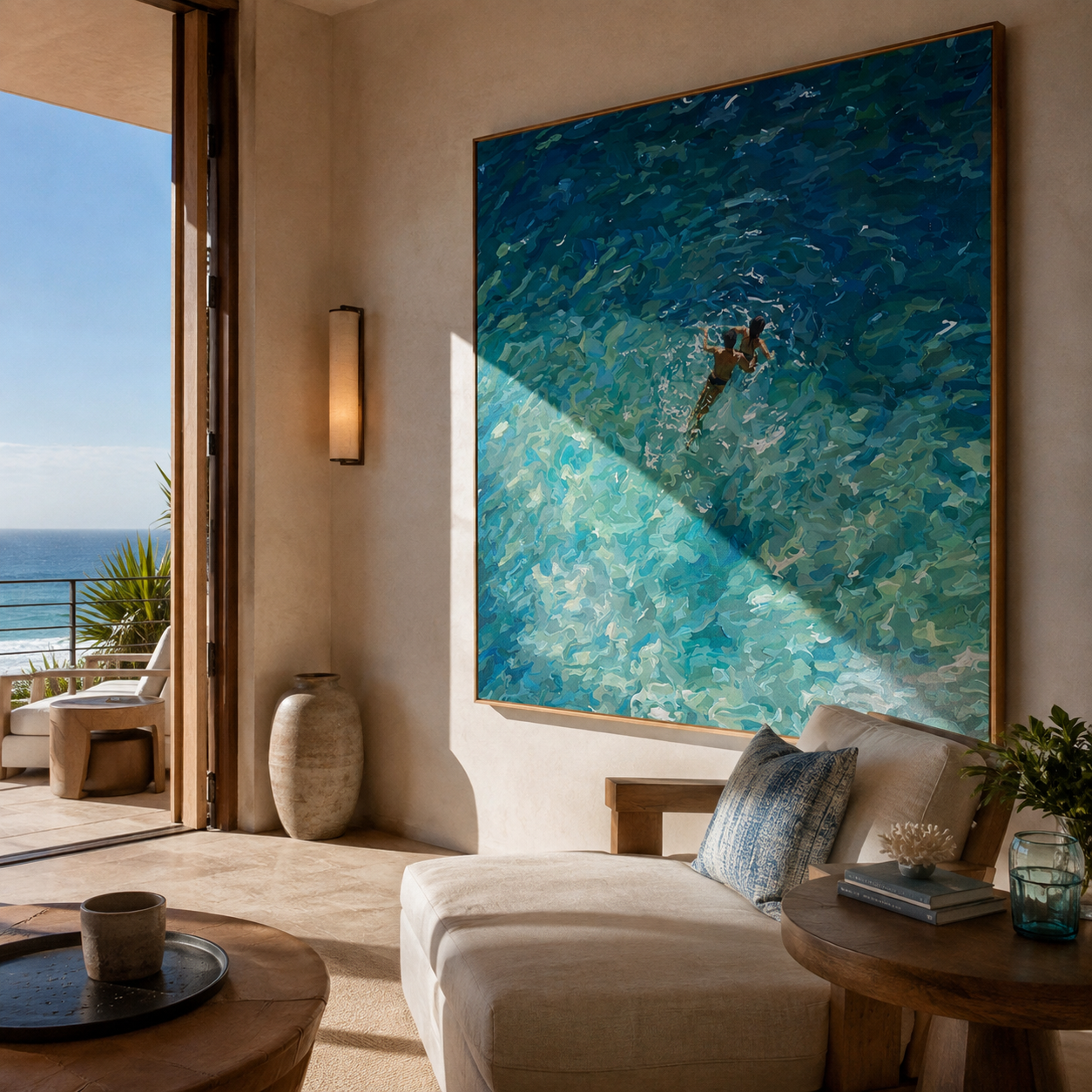 Swimmers in Open Water styled above a bed in a calm, layered bedroom interior